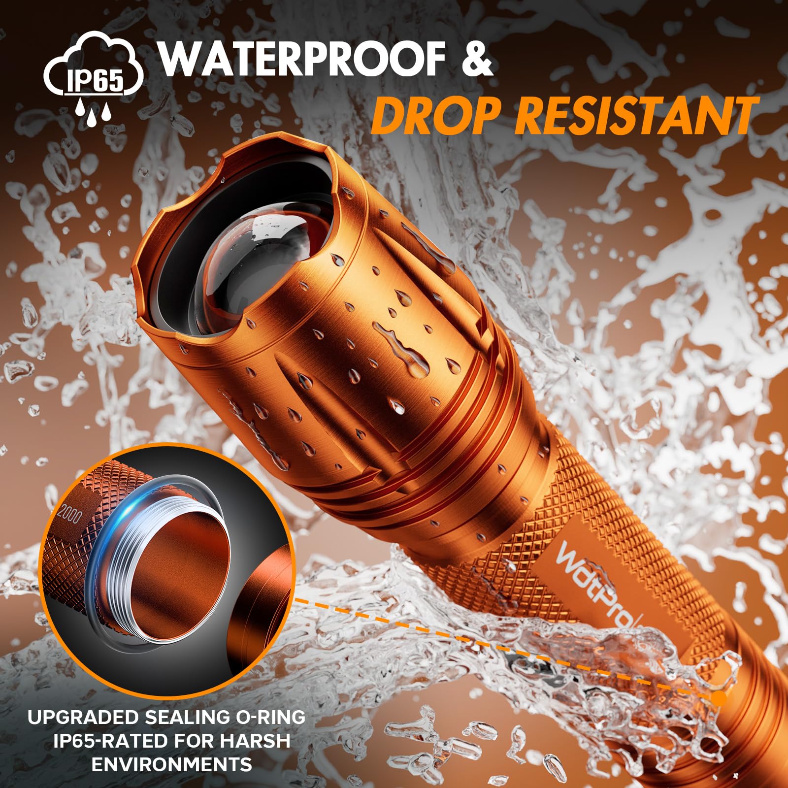 WdtPro LED Flashlight SR2000 Pro, 5 Modes & Zoomable, 2 Pack, Orange, Aluminum