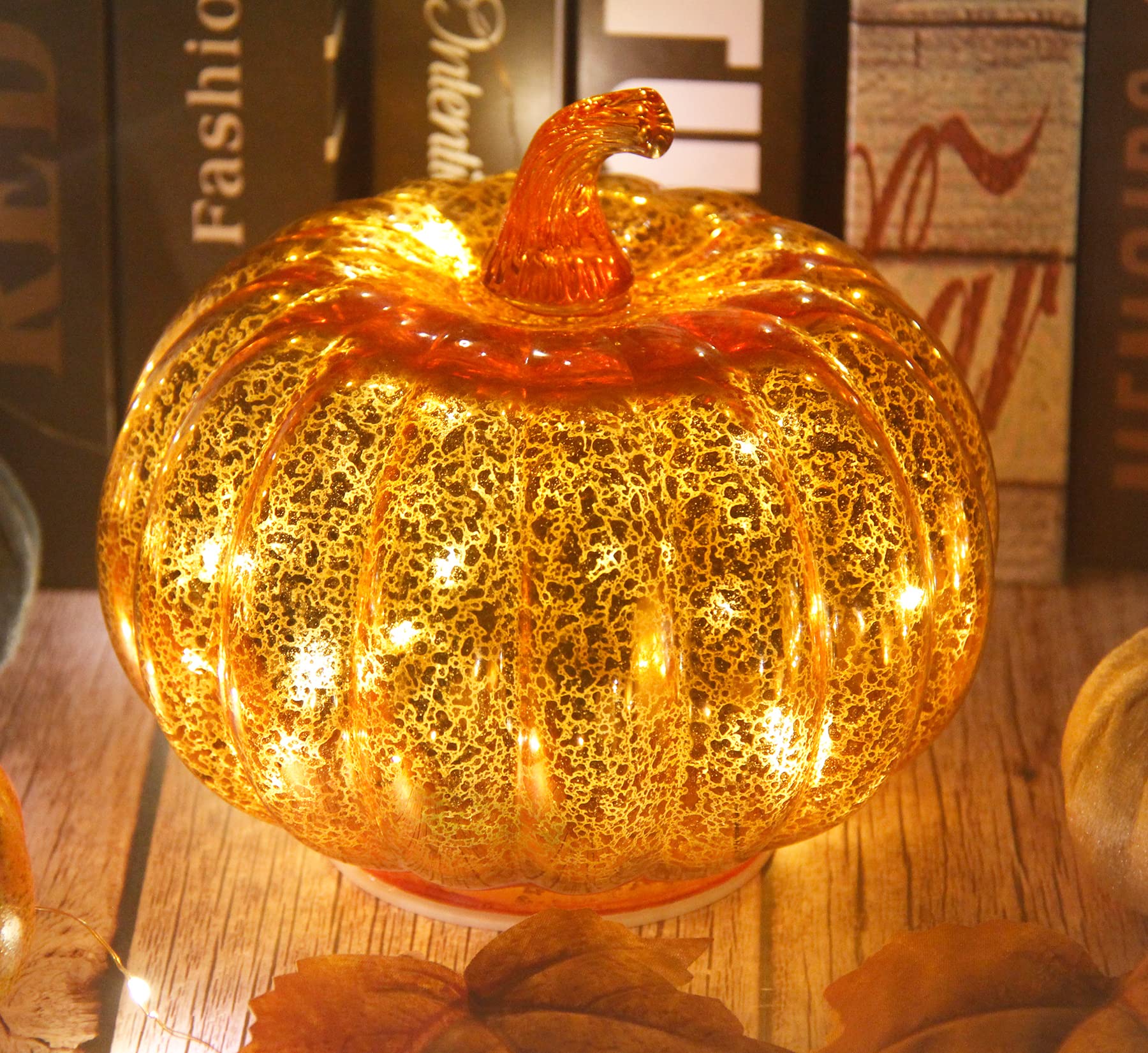 CFDECOR Mercury Glass Light up Pumpkin Light with Timer  with 10 Led Lights Inside Battery Operated Led Pumpkin Light Ideal for Halloween Fall Decoration  Thanksgiving Rustic Decor(Gold)