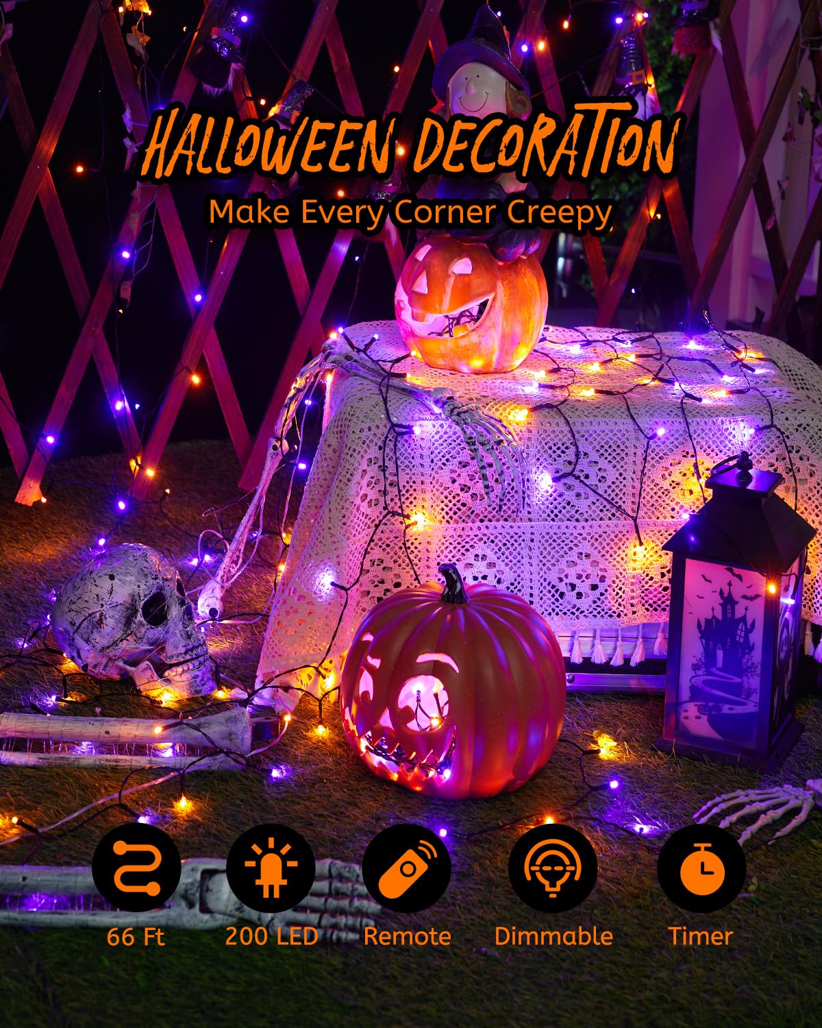 Minetom 196Ft Purple & Orange Halloween Lights, 600 Led Halloween Fairy String Lights With 8 Modes, Plug In Orange Purple Hanging Twinkle Lights For Party Garden Bedroom Halloween Decorations