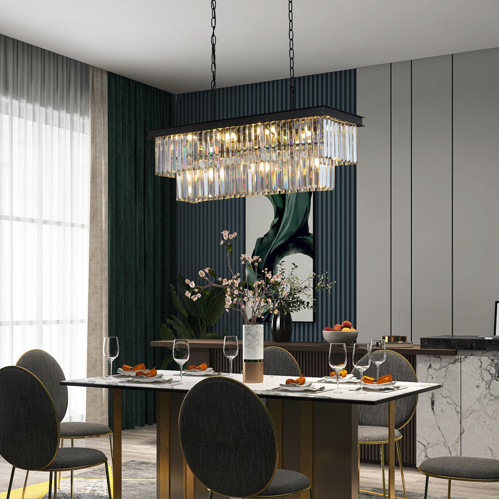 Weesalife 11-Light Black Crystal Chandelier for Dining Room, 33.5in Rectangle Pendant Light Fixture, Metal