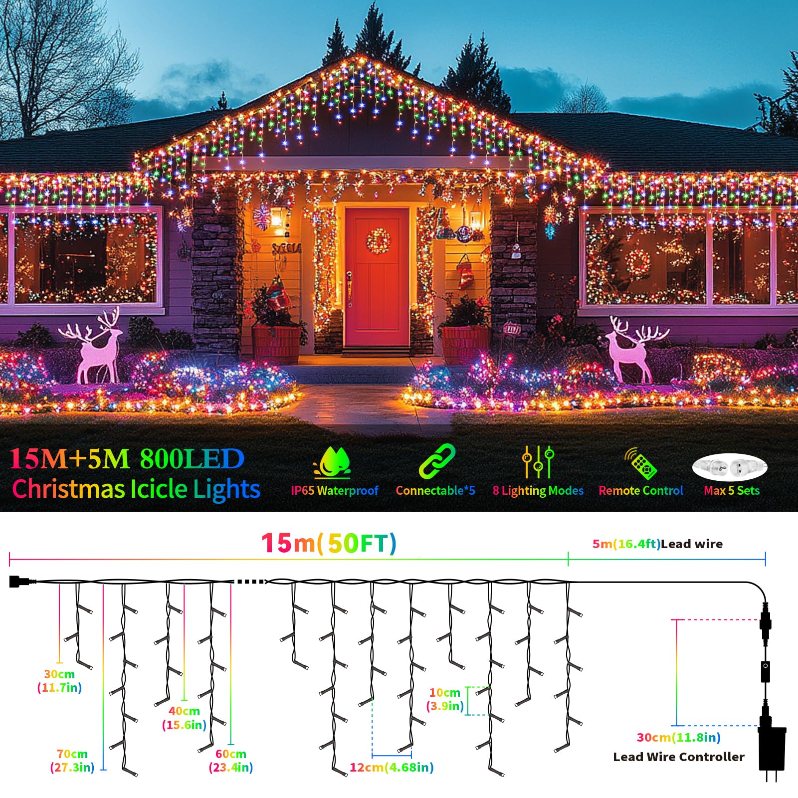 Xzai 800Led 72Ft, Fairy Icicle String Lights, Plug-In, Multi-Color & Cool White, Christmas Party Decors, Remote, 8 Modes, Timer,