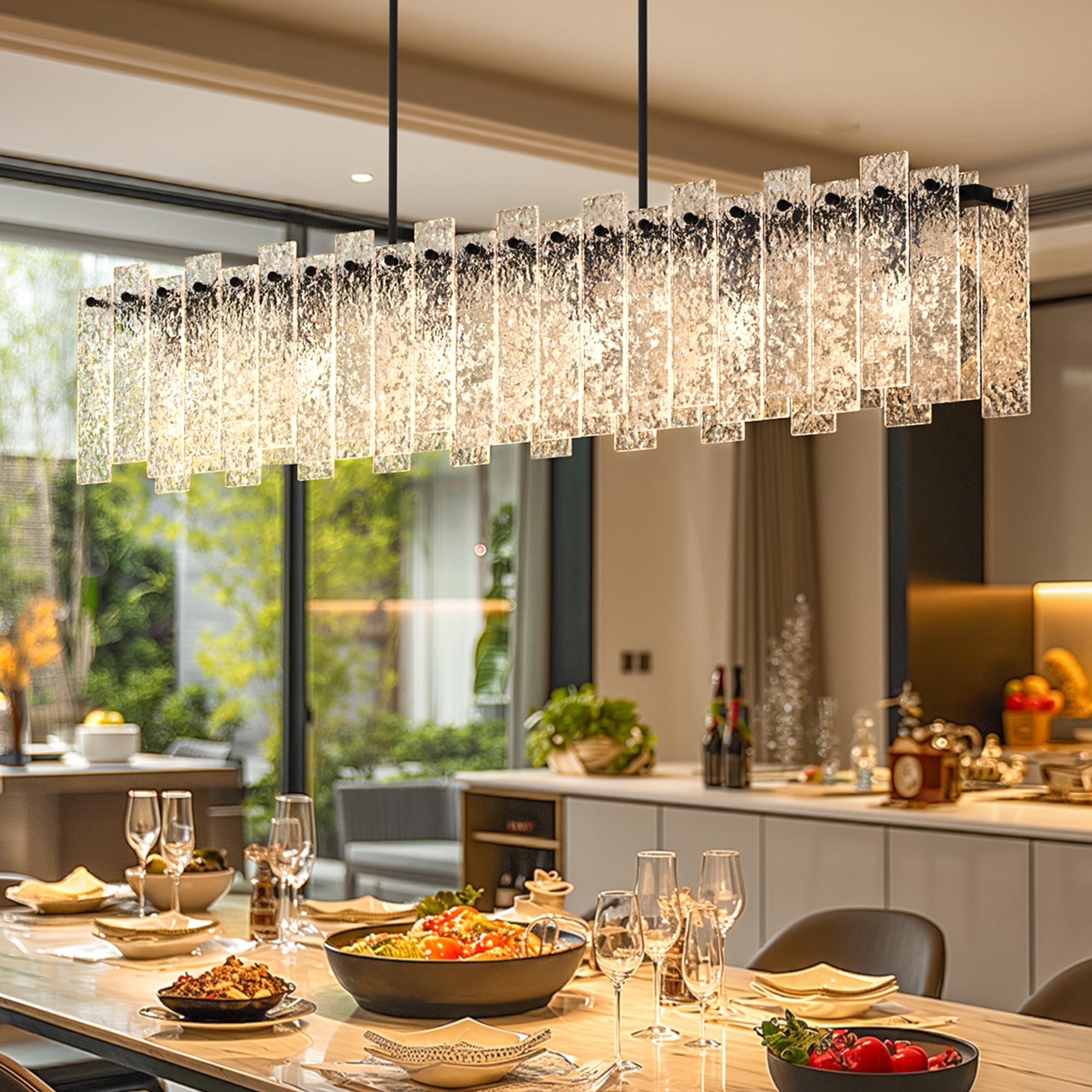 Danshinro 4FT Long Chandelier for Dining Room - Black Dining Room Light Fixture Linear Crystal Design with Water Ripple Glass & 