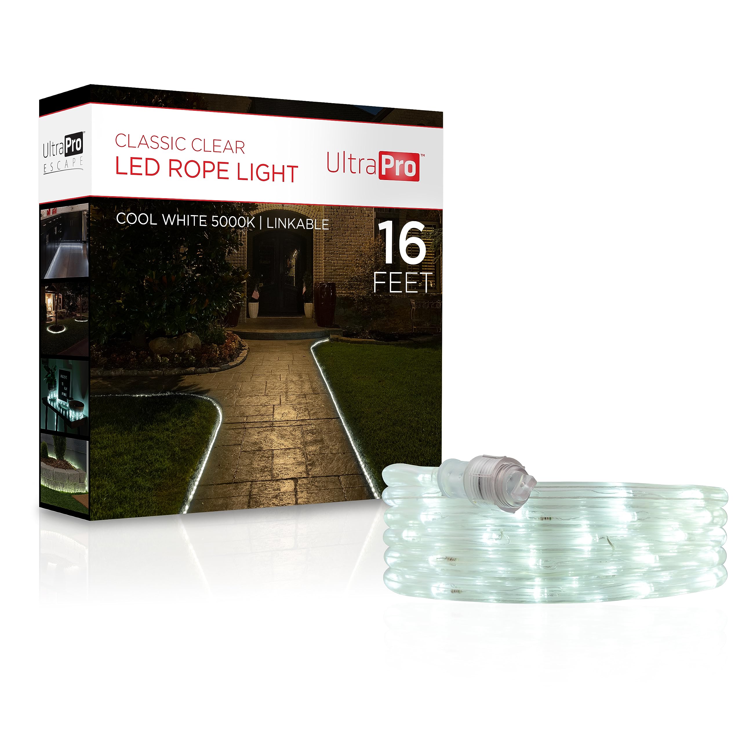 Ultrapro 16Ft Led Rope Lights, Cool White 5000K, Waterproof, Indoor/Outdoor String Lights