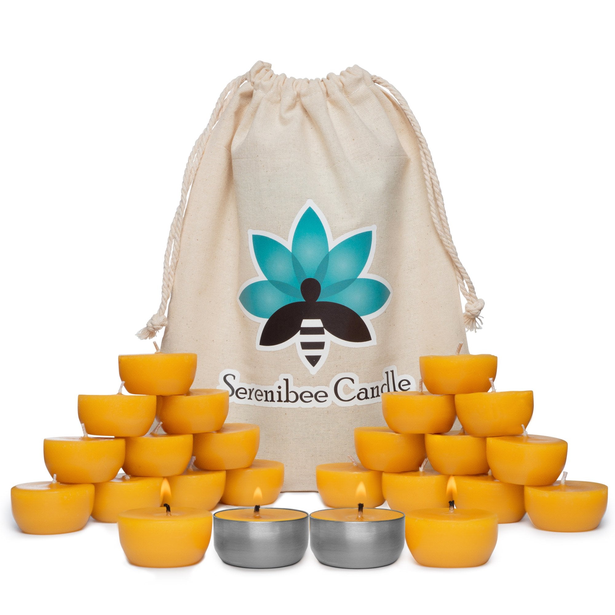Serenibee Beeswax Tea Light Candles Refills With Two Custom Reusable Sturdy Steel Candle Holders And Reusable Cotton Bag Eco Friendly Gift Set(24)