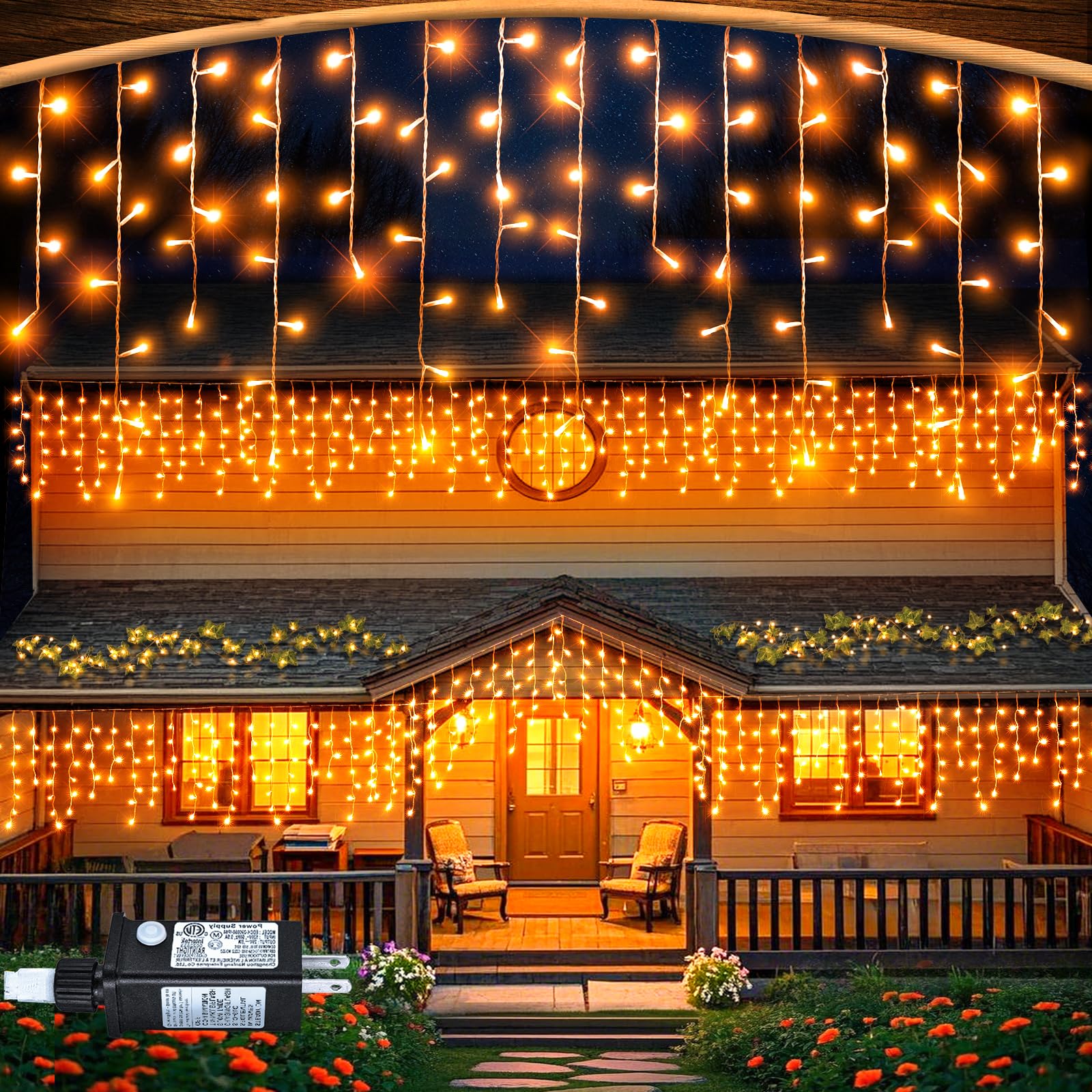 33 FT Orange Icicle Lights for Outside, 400 LED Christmas Lights Outdoor, Clear Wire Twinkle String Lights with Timer 8 Modes Wa
