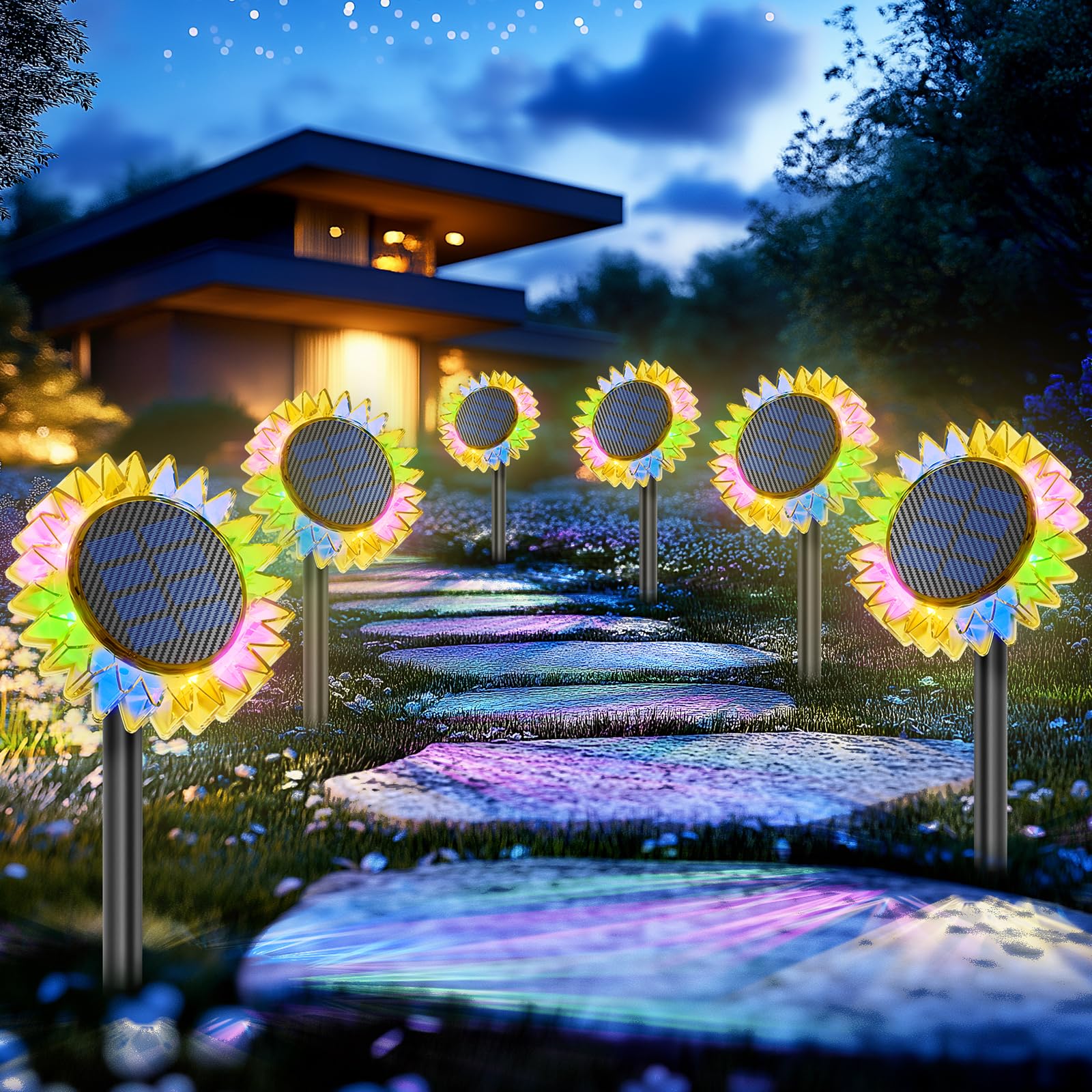 VGYVGYCC Solar Garden Lights - Upgraded 6 Pack Multicolor Waterproof IP67 Plastic Sunflower Light for Outdoor Decoration