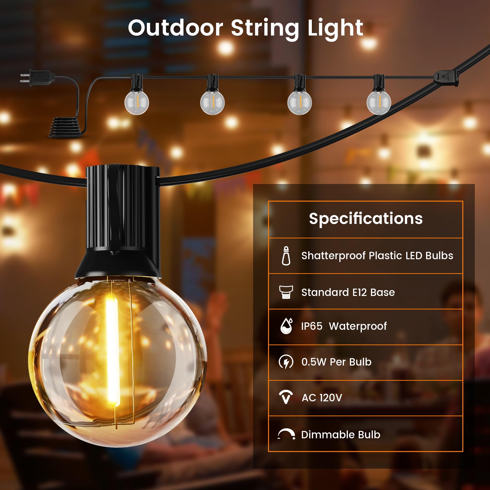 Ohlux Outdoor String Lights, 27 Ft G40 Globe Led Patio Lights With 13 Dimmable Plastic Bulbs(1 Spare), 2200K Waterproof Connecta