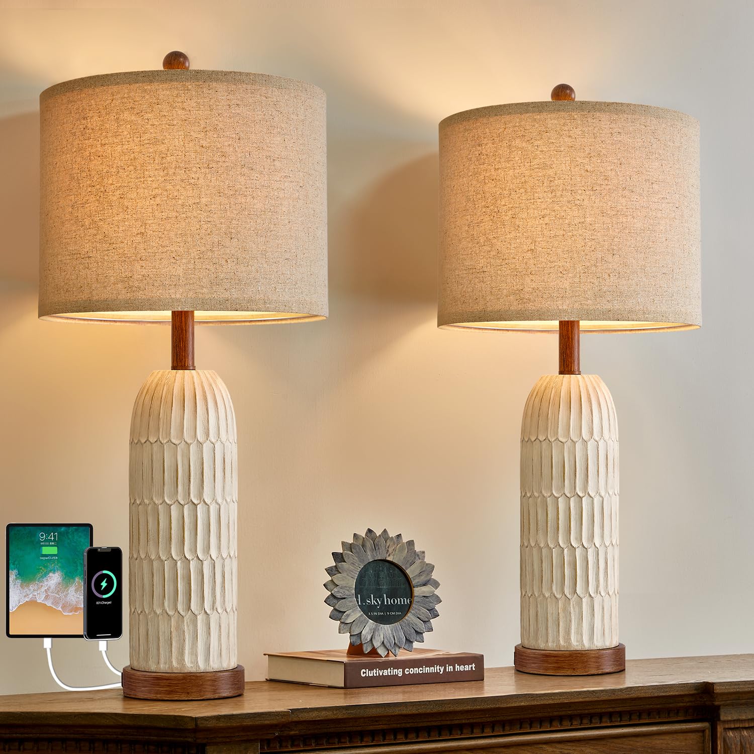 OYEARS 26.5 Table Lamps Set of 2 with USB A+C Charging Ports for Bedroom Living Room Farmhouse Bedside End Lamps Rustic Nightstand Lamps  Brown