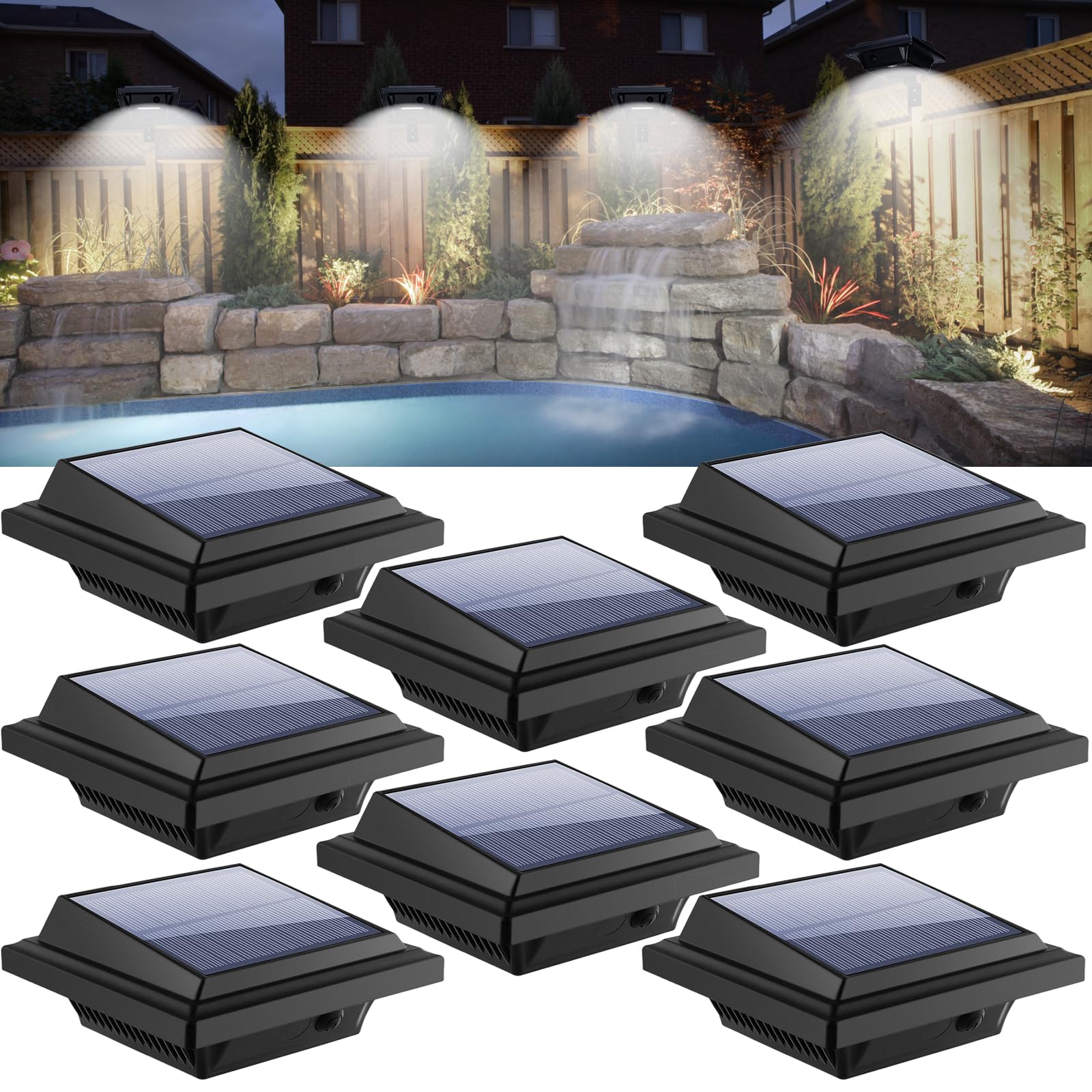 KEENZO Outdoor Solar Lights - Gutter Lights 8pcs  Solar-Powered LED Wall/Fence/Step/Deck Lights with 25 Cool White LED  Outdoor Waterproof Lighting for Garden  Patio  Backyard  Pathway and Eaves Wall