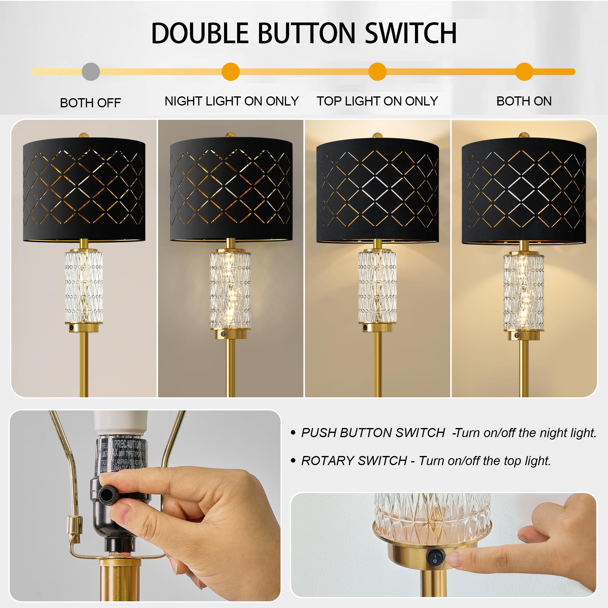 Oneach 63.75'' Floor Lamp For Living Room, Modern Gold Lamp With Led Glass Night Light, Vintage Standing Lamp With Black Drum La