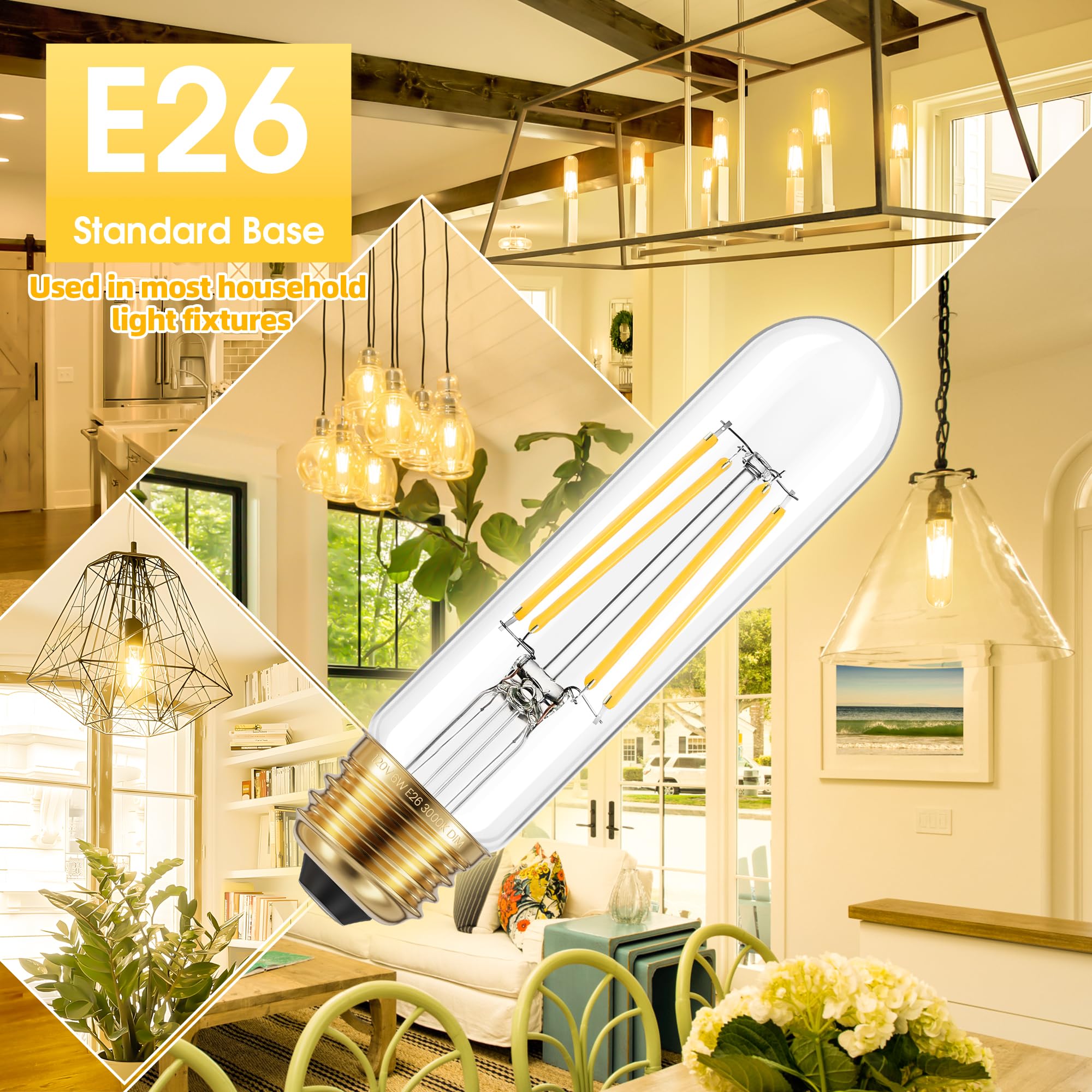 Ggoying Dimmable E26 Led Bulb 60W Equivalent, 600Lm Soft White 3000K E26 Edison Bulbs, 6W Tubular T10 Led Bulb For Rustic Pendan