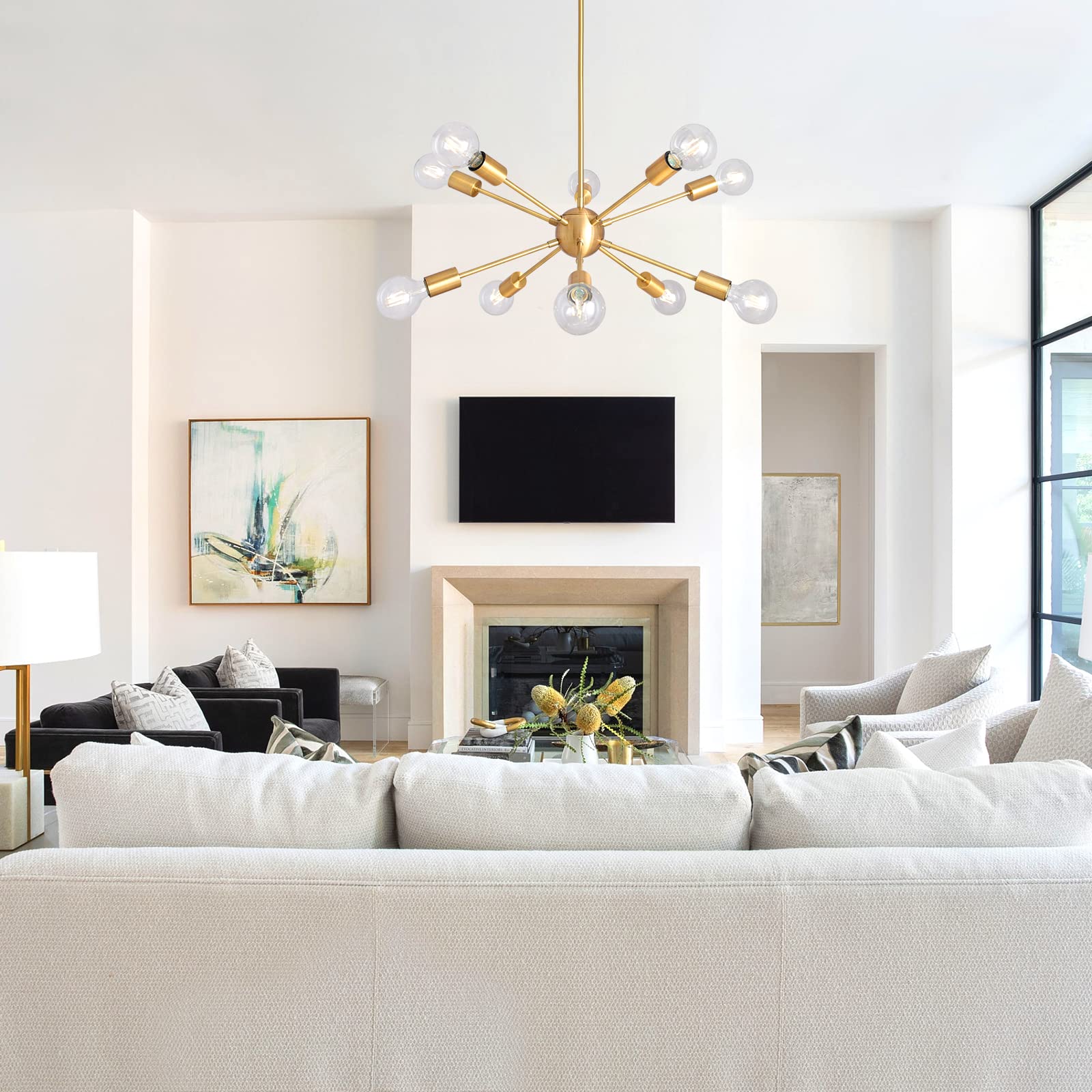 ALISADABOY Sputnik Chandelier 10 Light Brushed Brass Sputnik Light Fixture Modern Industrial Gold Chandelier for Dining Room Liv