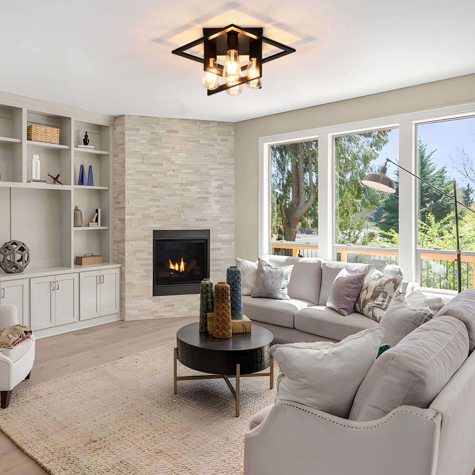 Fengkedu Industrial Farmhouse Ceiling Light Fixture 4-Light Matte Black Flush Mount With Geometric Cage Design - E26 Base For Ki