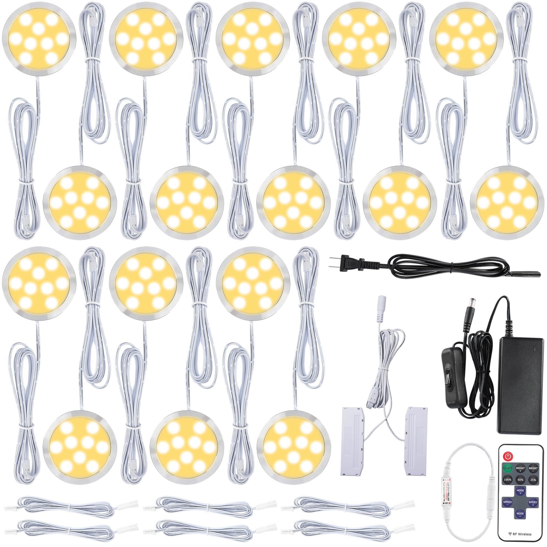 Meigour Under Cabinet LED Puck Lights Kit, Kitchen Hutch Shelf Lighting, Parallel Connection, 120VAC Wall Plug & Hardwired, Remo