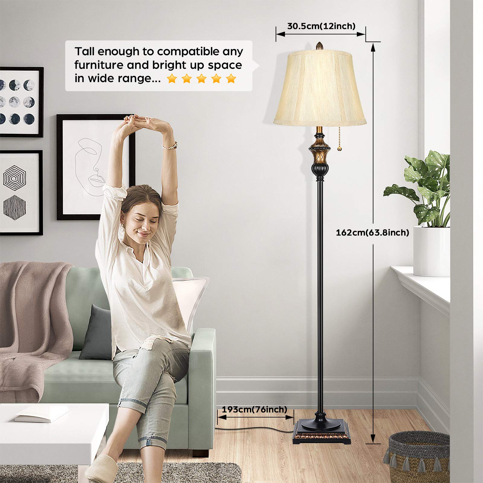 Tobusa Bronze Traditional Floor Lamp, Vintage Tall Pole Light With Pull Chain For Living Room