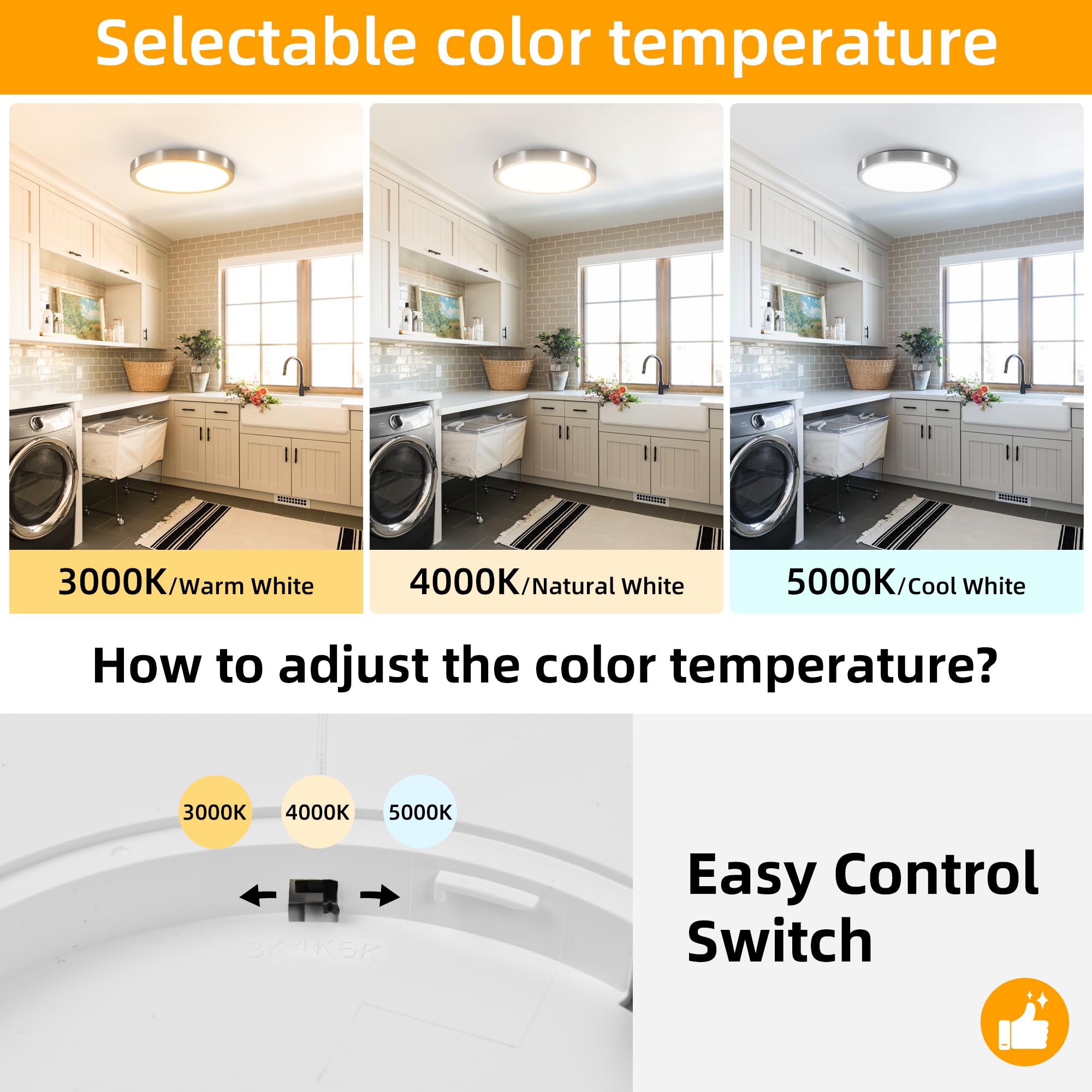 Hlite 12 Inch Flush Mount LED Ceiling Light Fixture, 24W 2400LM, 3CCT Selectable, Brush Nickel, Model CLB-1720