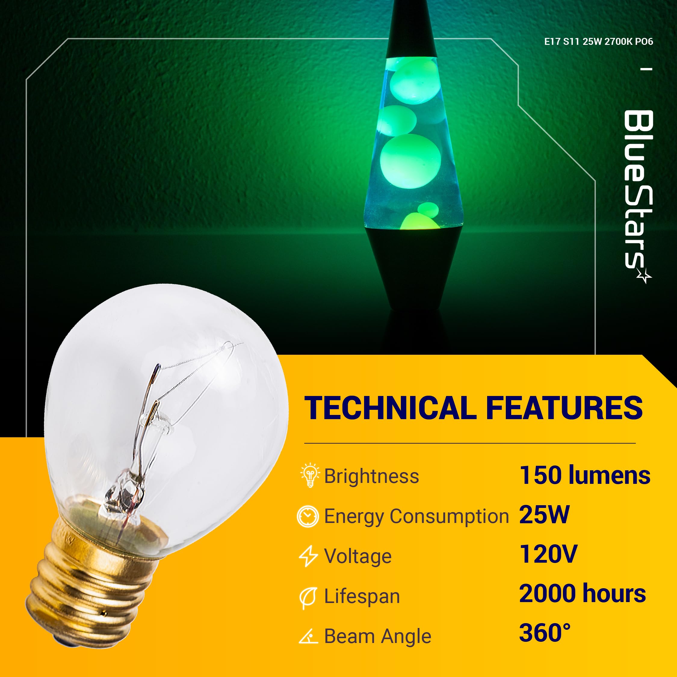 BlueStars 25W Lava Lamp Bulbs, S11 E17 Intermediate Base, Warm White, Clear Glass, Compatible with 14.5-Inch/20-Ounce Lava Lamps