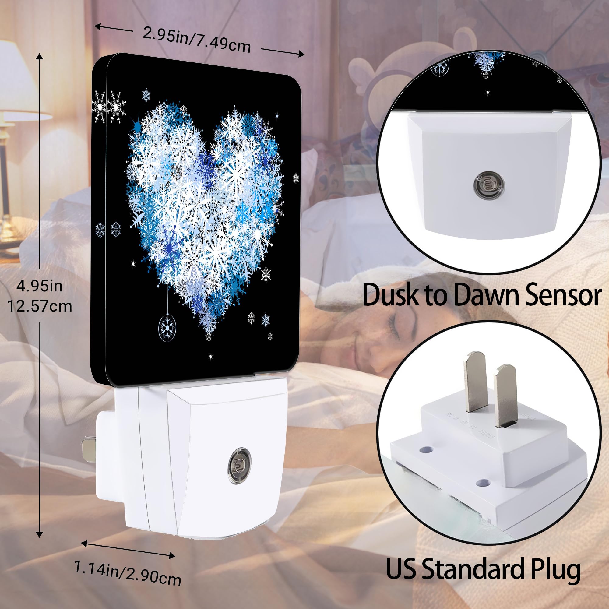 Jopowide Winter Art Hearts Dusk To Dawn Night Light, Auto Sensor Lamp Home Indoor Stairway Kitchen Corridor, Night Lights Plug I