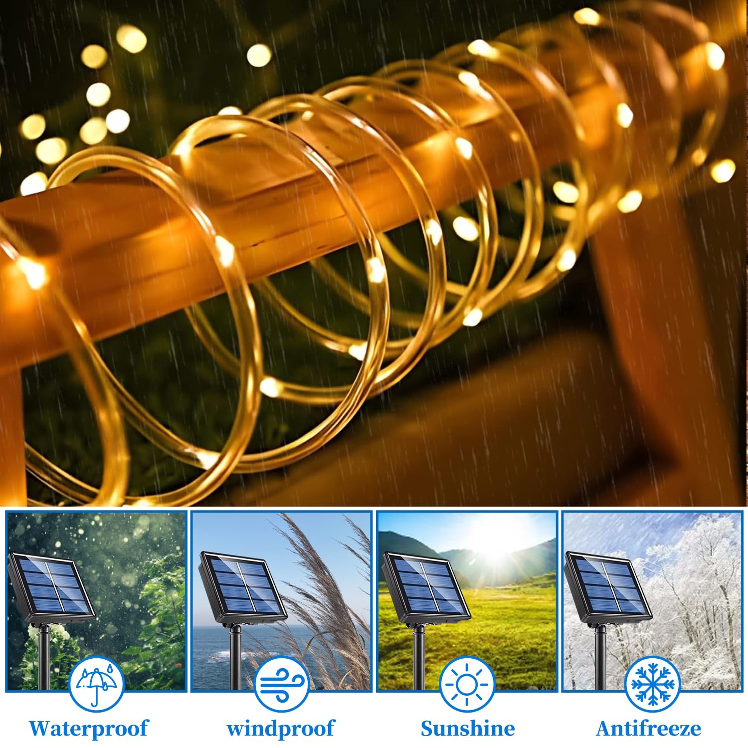 ANJAYLIA Solar Rope Lights, 33FT, 100 LED, Waterproof, 8 Modes, Warm White, Model WWQZD100