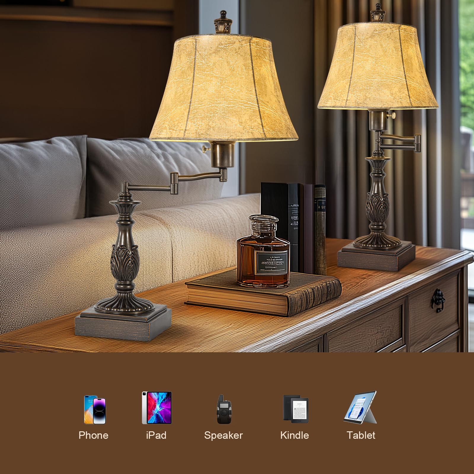 Scenekoy 23.5" Rustic Adjustable Swing Arm Table Lamp Set of 2 with USB Ports, Brown Faux Leather Shade, Model SL016-2
