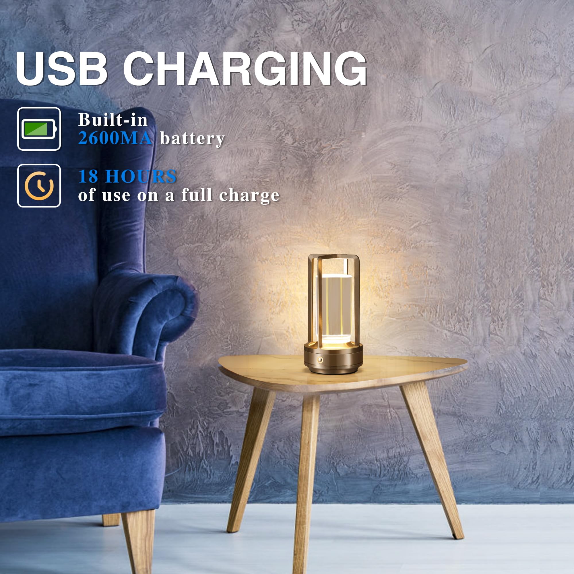 Anxingtools Portable LED Table Lamp, Rechargeable, 3 Color Dimming, Aluminum, 9.37inx5.24inx4.84in, Silver, Model AN-LED-02