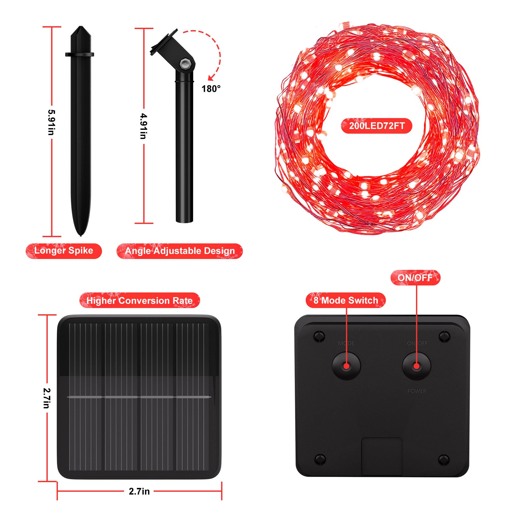 Solar String Lights For Outside, 72Ft 200 Led Solar Fairy Lights With 8 Modes, Solar Powered Fairy Lights Waterproof For Christmas Tree Garden Party Wedding(Red)