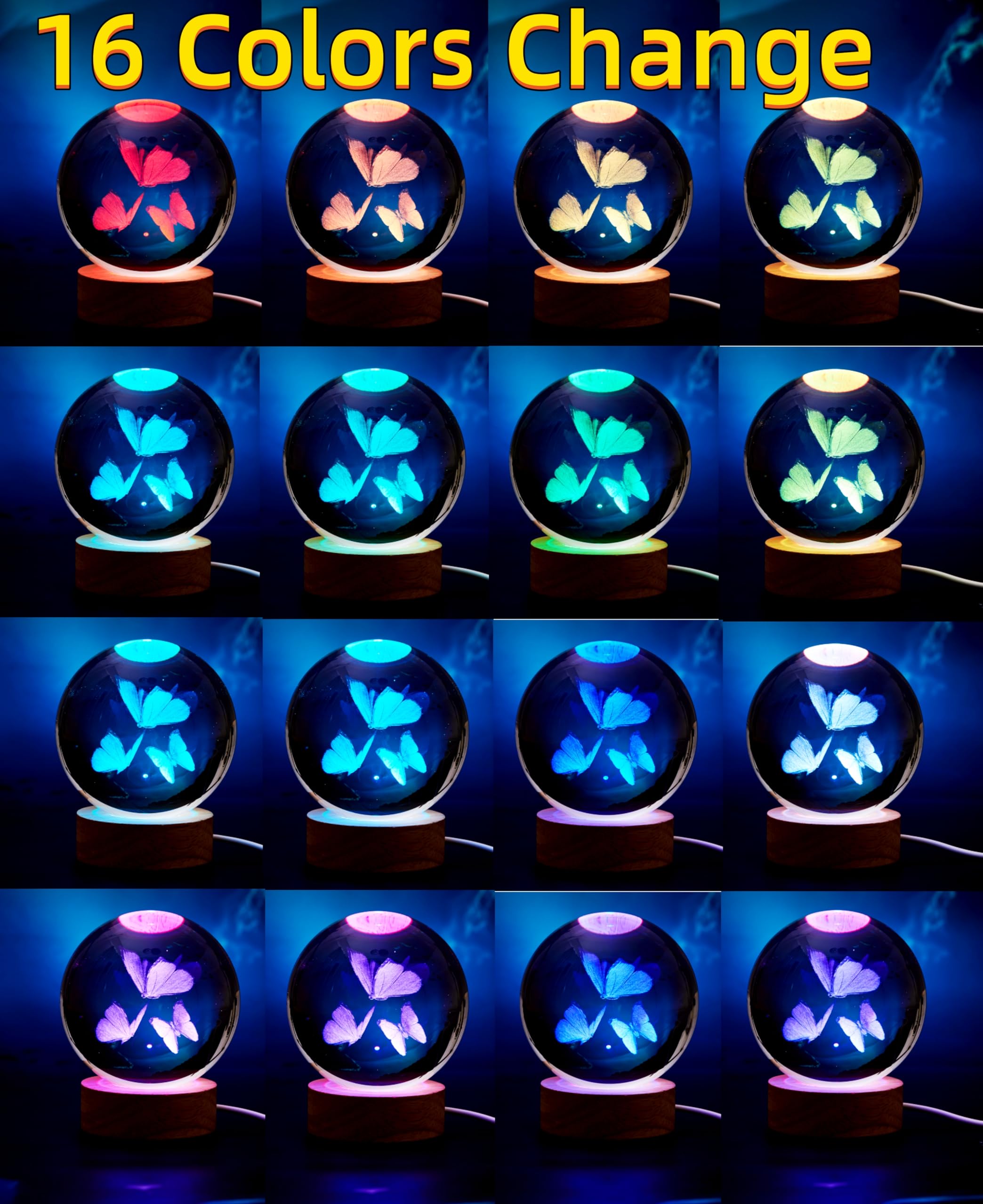 Conalisk 3D Butterfly Crystal Ball Lamp with 16 Colors, 3.15 Inch LED Night Light, Remote Control, Home Decor Gift for Friends