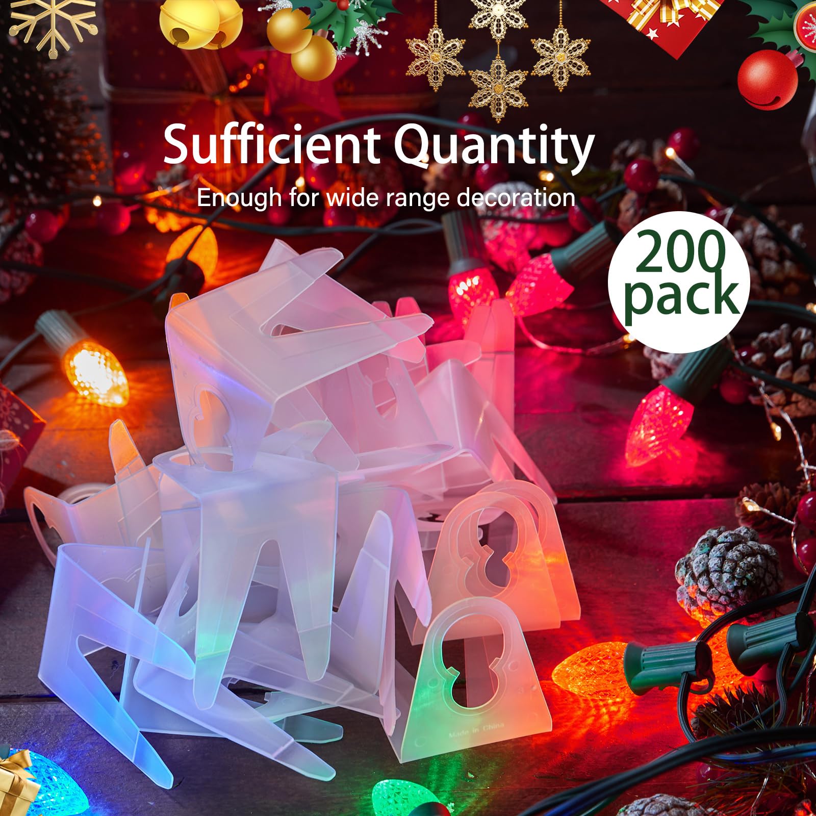 Minetom Shingle Tab Light Clips for C7 C9 Christmas Lights, 200 Pack, Outdoor Use, Model 7-shape-clip