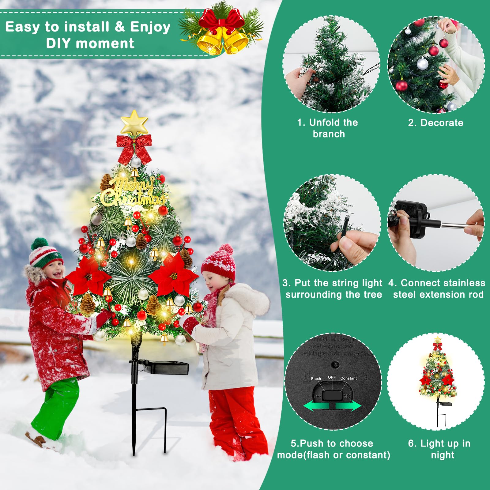 Mukum 32 Solar Xmas Tree Lights - 2 Pack, Waterproof LED Outdoor Decorations with Pinecones, Star & Bells, Yellow Light - 2 Modes for Garden