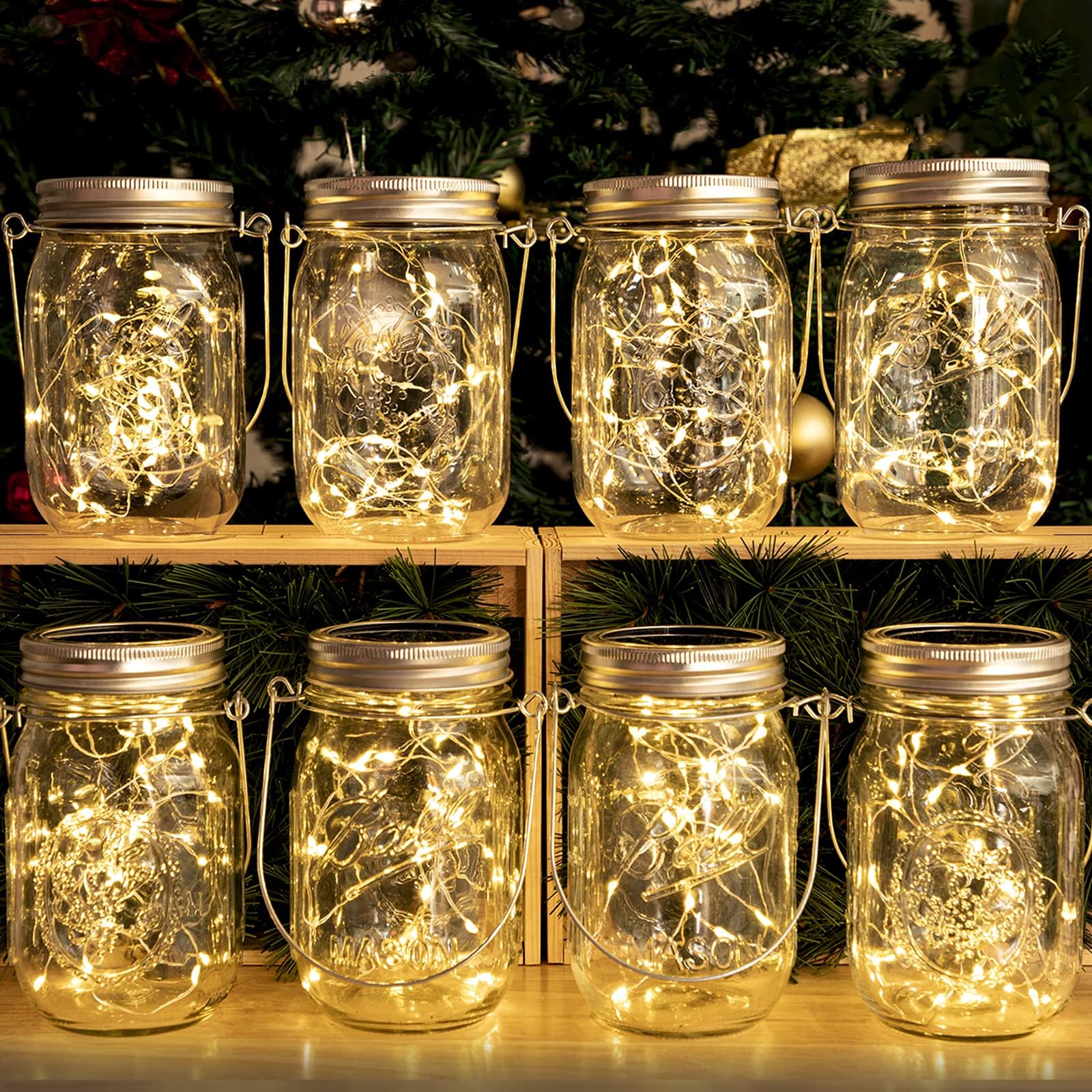 HXWEIYE 8 Pack Solar Mason Jar Lights Lanterns,Jars & Hangers Included,30LED Waterproof Hanging Outdoor Fairy Lights for Patio G