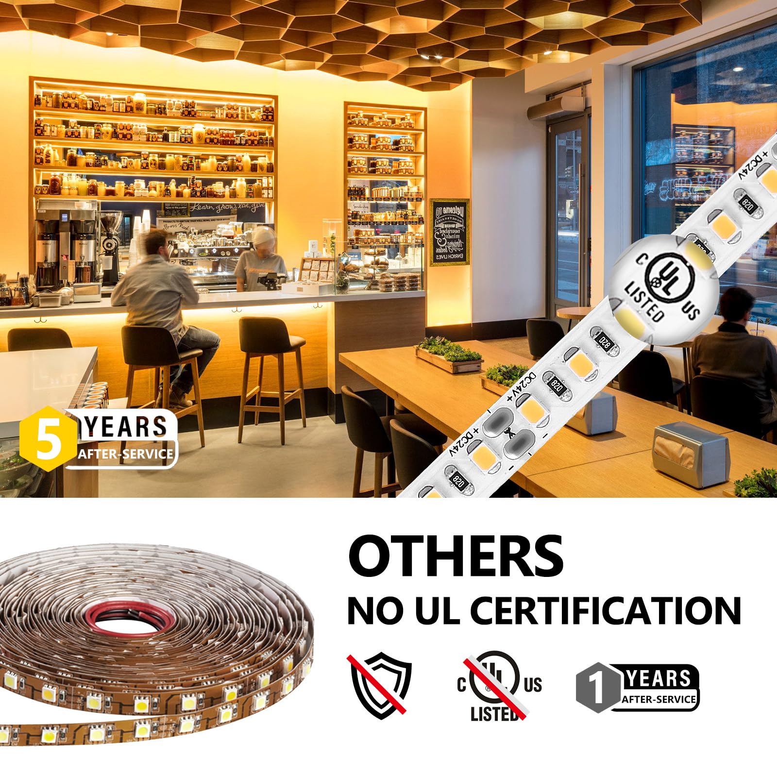 Emitever Led Strip Lights 2700K, Ul 24V Led Tape Light Warm White, Ra 95+, Ip30, 25Ft, 2.9W/Ft, 240+Lumens/Ft, 900Leds/Spool, Ul Listed 5 Year Warranty (Power Supply Sold Separately)