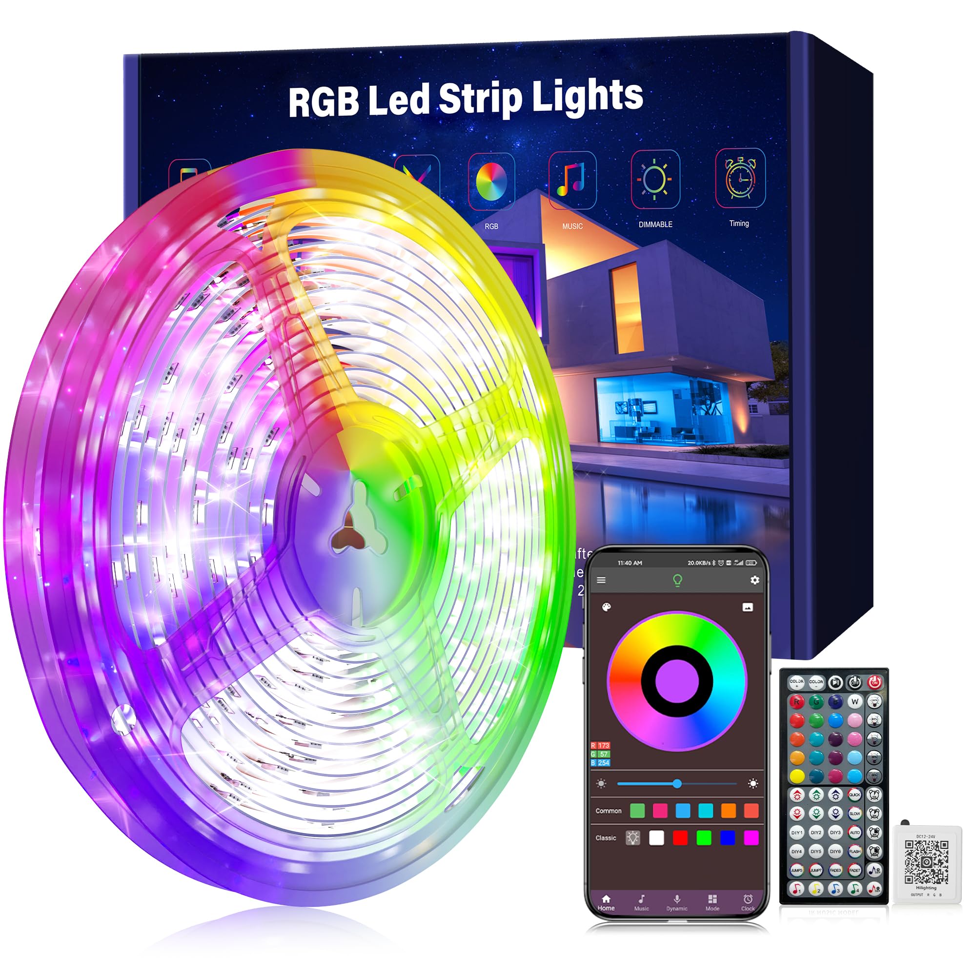 Ledagic Led Lights For Bedroom 100Ft (1 Rolls Of 100Ft) Music Sync Color Changing Led Strip Lights With 60 Key Remote And App Control Rgb Led Light Strip For Home Party Room Decoration