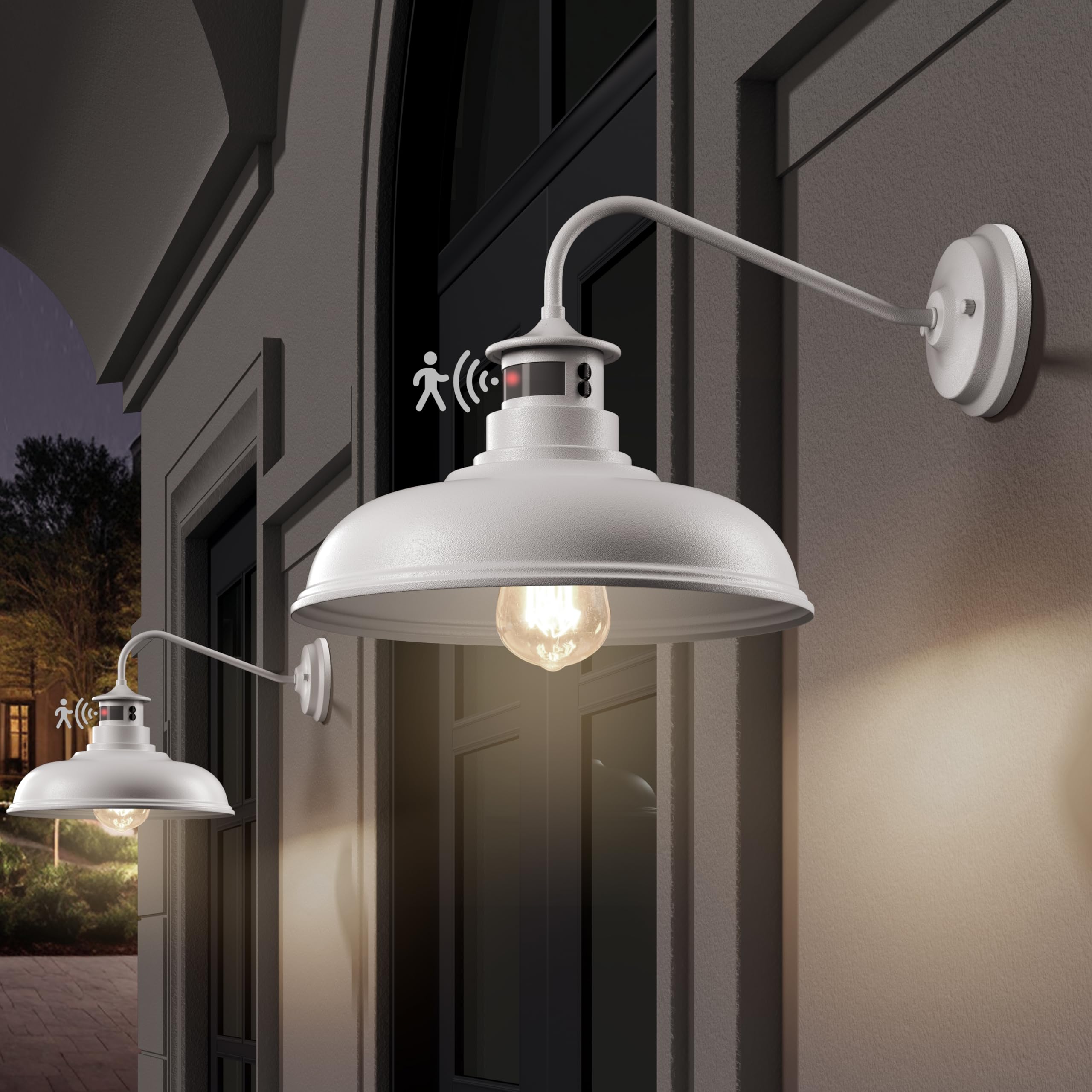 Set of 2 Gooseneck Outdoor Wall Lights Fixtures,Dusk to Dawn Motion Sensor Sconce Farmhouse Barn Lamp for Patio,3 Modes Dimmable