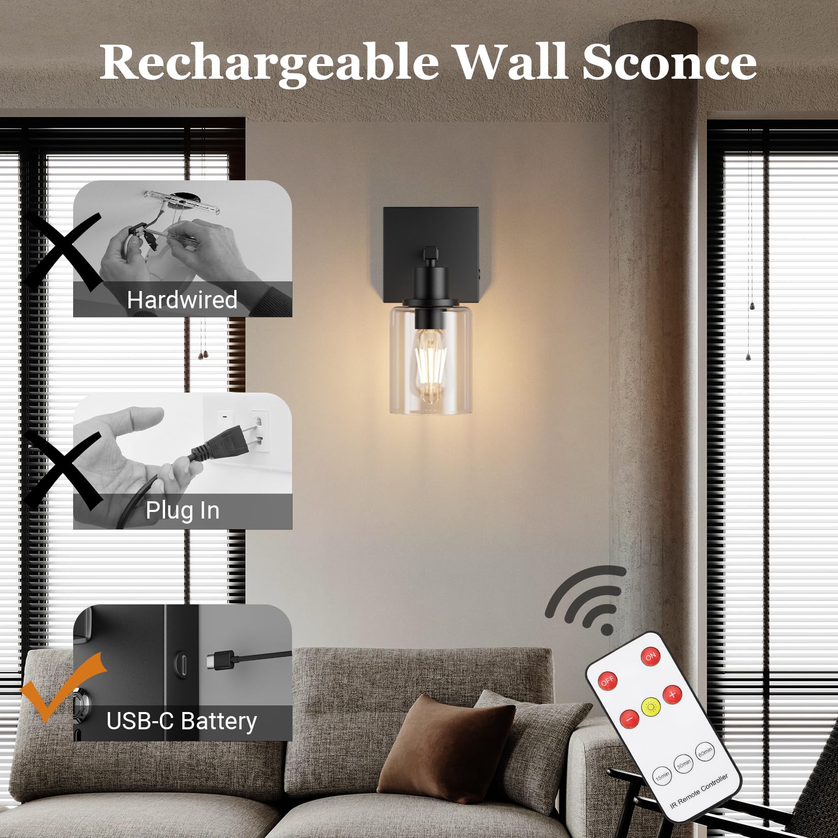 Coinmit Battery Operated Wall Sconce Set of 2, Wireless Glass Lampshade, Dimmable, Rechargeable, Black, Model HW808