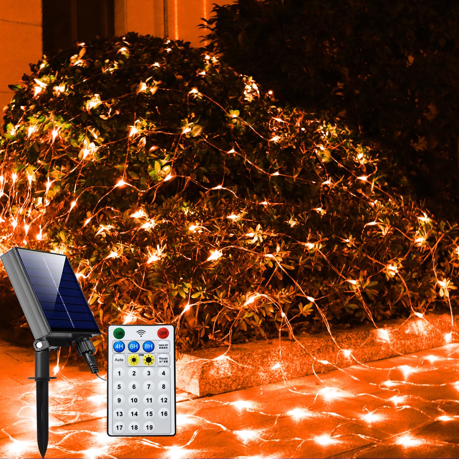 Solar Net Halloween Lights Orange Fall Decor, 200 LED Mesh Lights Outdoor, 19 Modes Transparent Wire Solar Powered Wrap Tree for