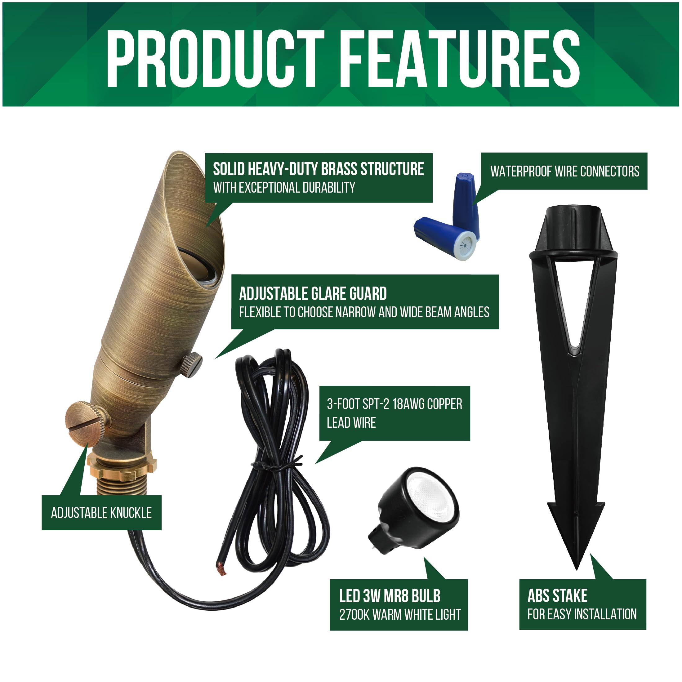 Gkoled Low Voltage Solid Brass Led Spotlight With Mr8 Bulb  Outdoor Waterproof Landscape Lighting  Adjustable Uplights With Stake For House Garden Trees Lawn Patio Yard Fence  3W 12V 180Lm 2700K