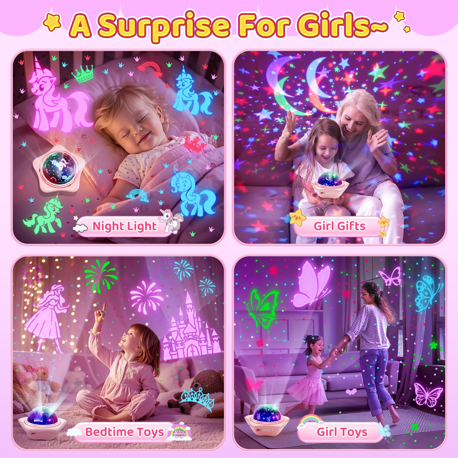 PIKOY Kids Night Light Projector - 90 Modes, 6 Films, Dimmer, Timer, Rechargeable, Pink Butterfly/Princess/Mermaid Room Decor