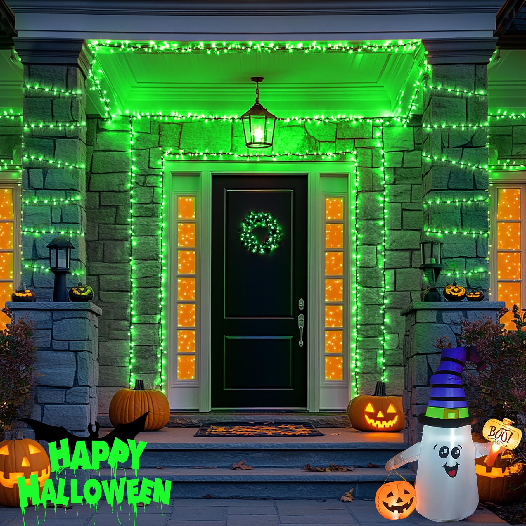 Jmexsuss 2 Pack Green Solar Halloween Lights, Total 400 Led 151Ft Green Solar Lights Outdoor Waterproof, 8 Modes Green Halloween