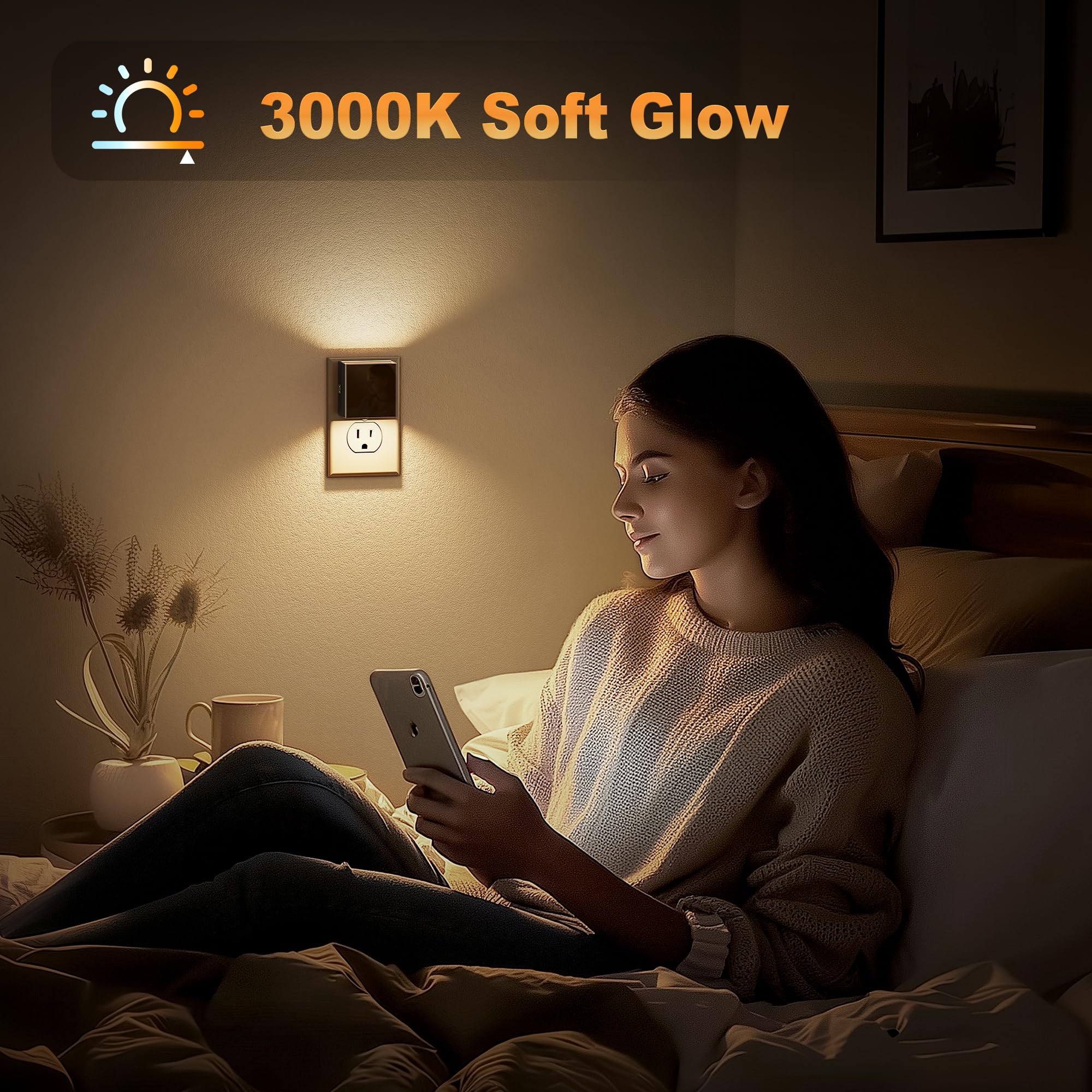 JandCase Night Light, Dusk to Dawn, 3000K Brightness Adjustable, 2 Pack, Square, Black-1, Model C-GY10602LBUS-2