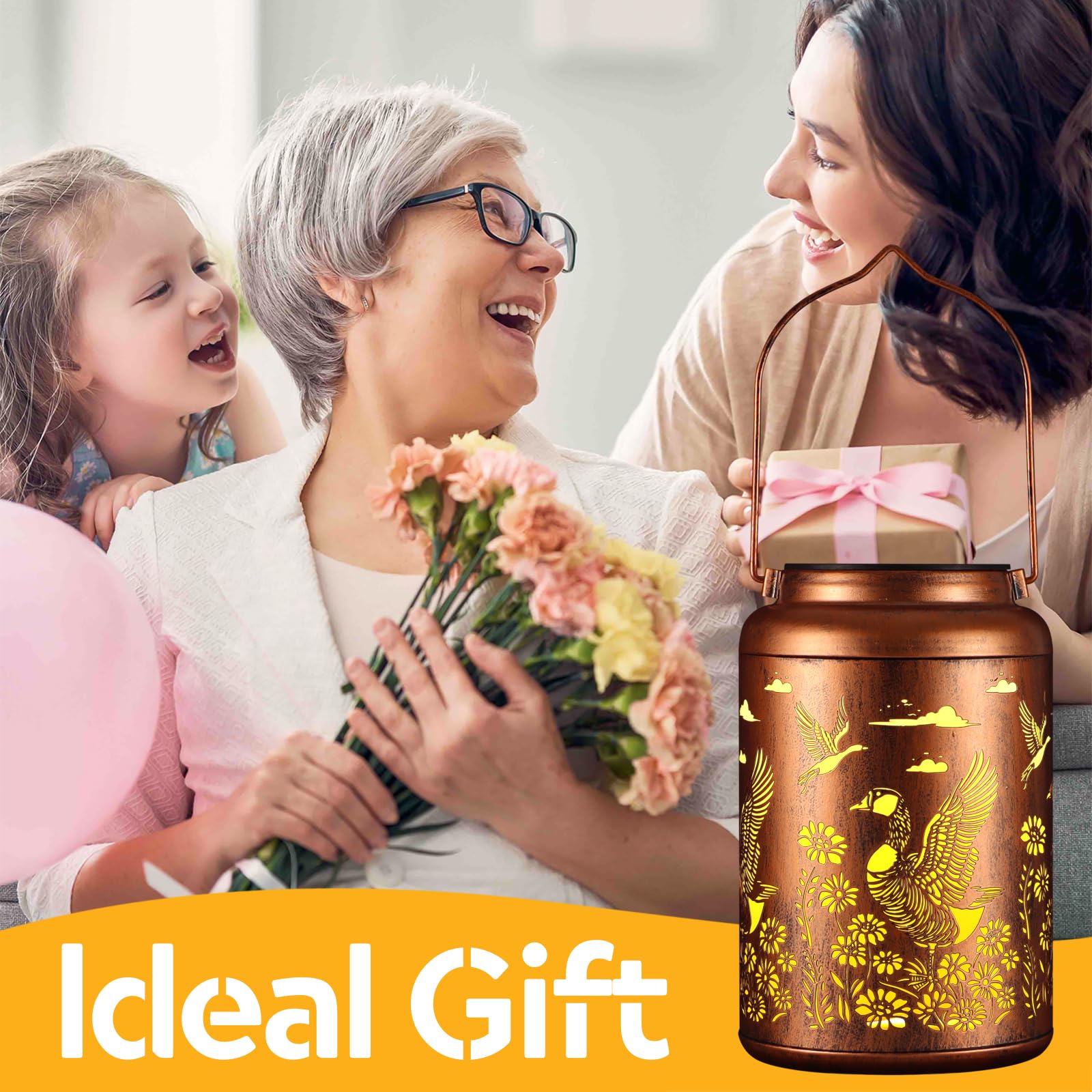 Tepaken Solar Lanterns Outdoor Waterproof Hanging Lights - Gold Metal Garden Decor for Yard, Patio, Porch, Model 117