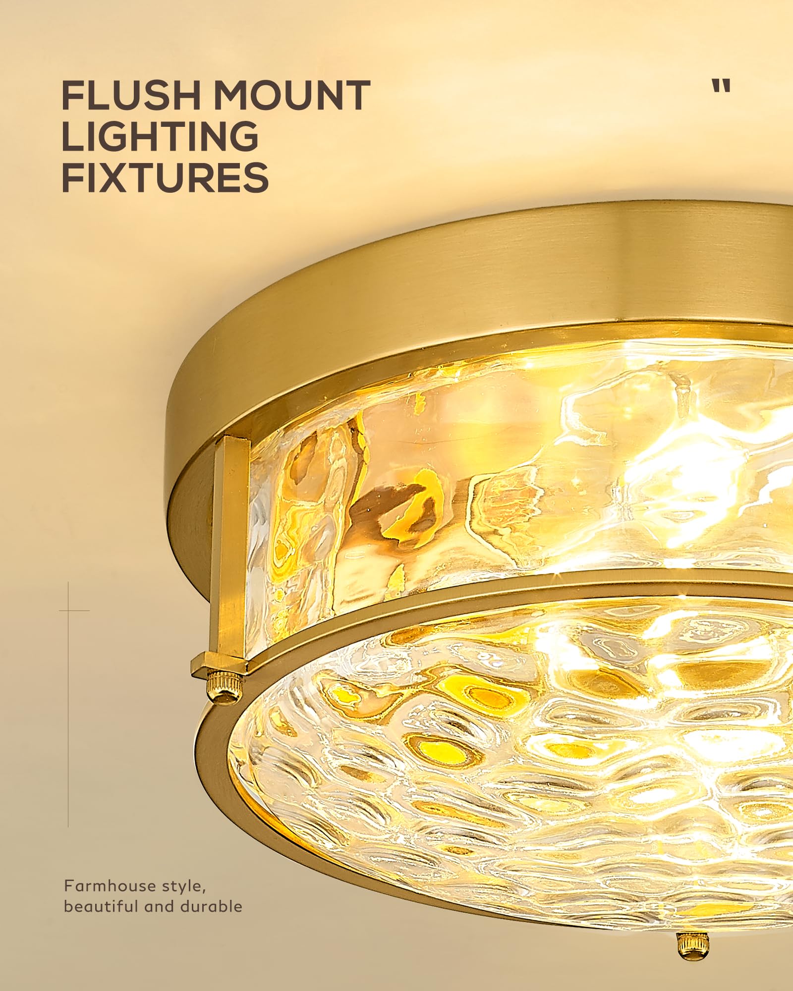 Femila 12'' Brushed Gold Flush Mount Ceiling Light, Light Fixtures Ceiling Mount With Water Ripple Glass, For Kitchen, Bedroom,