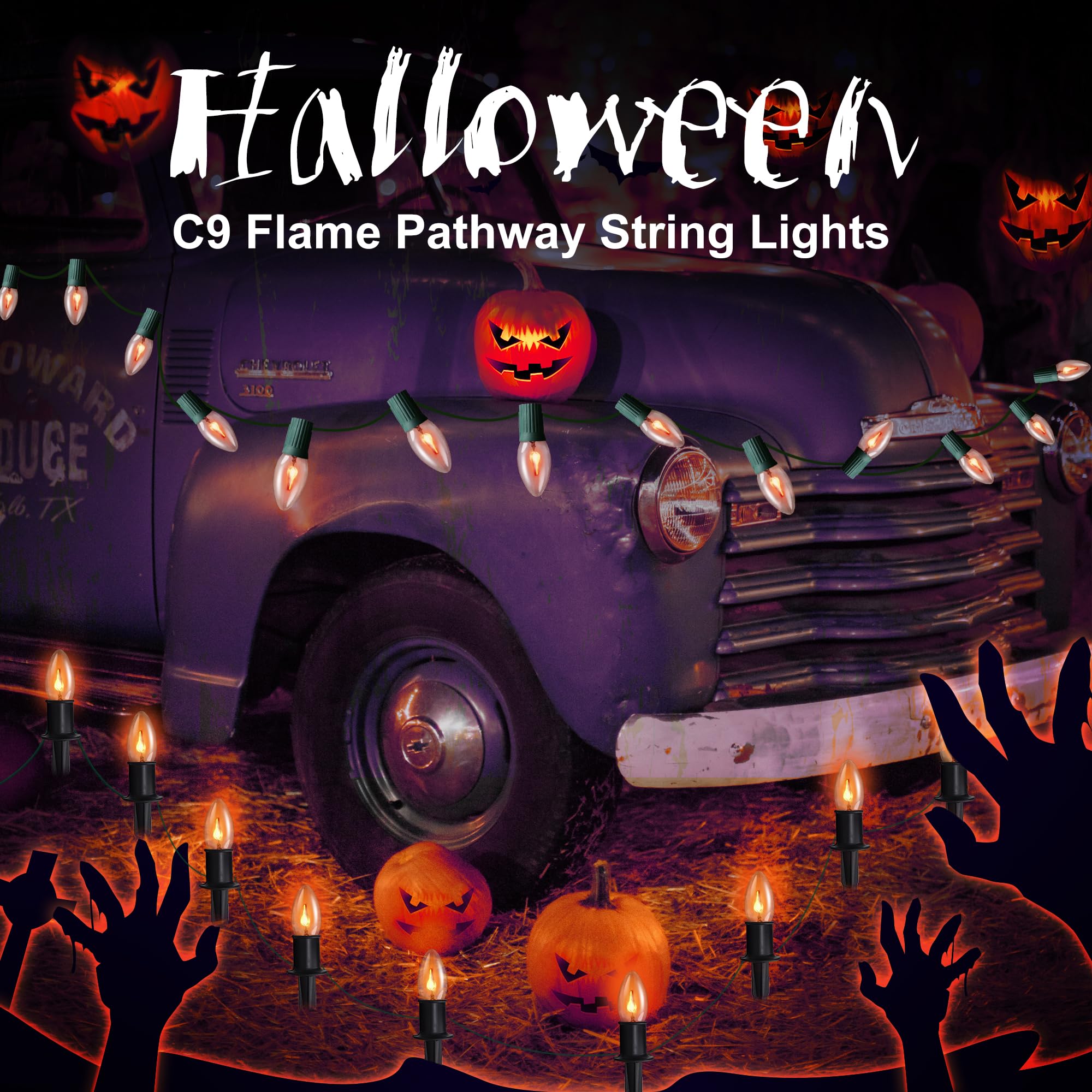 Tioriy 24.2Ft Flickering Flame Pathway Halloween Lights Decoration Outdoor, C9 String Lights Halloween Decor With Stakes, Waterproof 20 Flicker Lights For Garden, Party, Green Wire