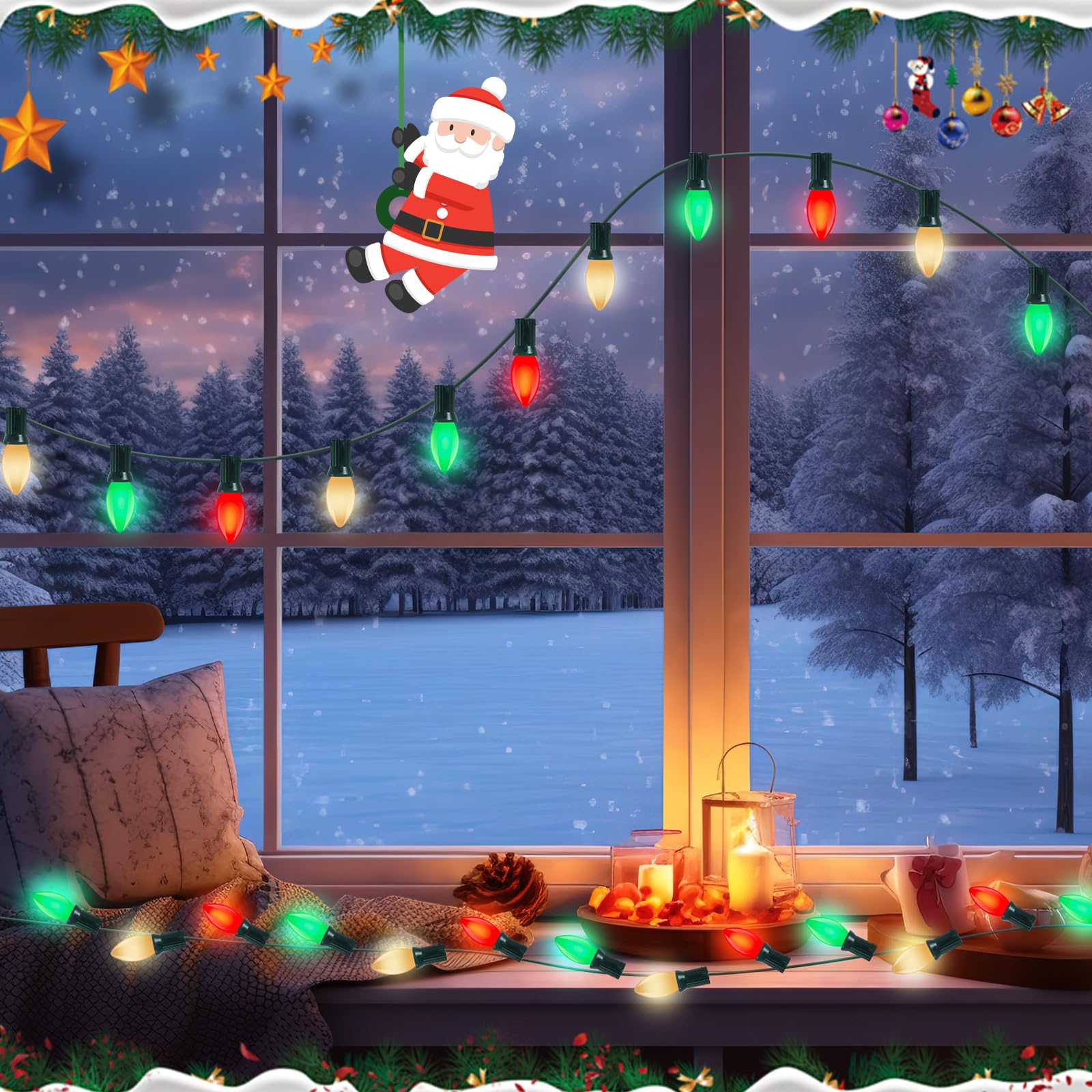 25Ft Red White And Green Christmas Lights, C9 Vintage String With 26 Ceramic Bulbs, Waterproof Connectable Outdoor For House Roo