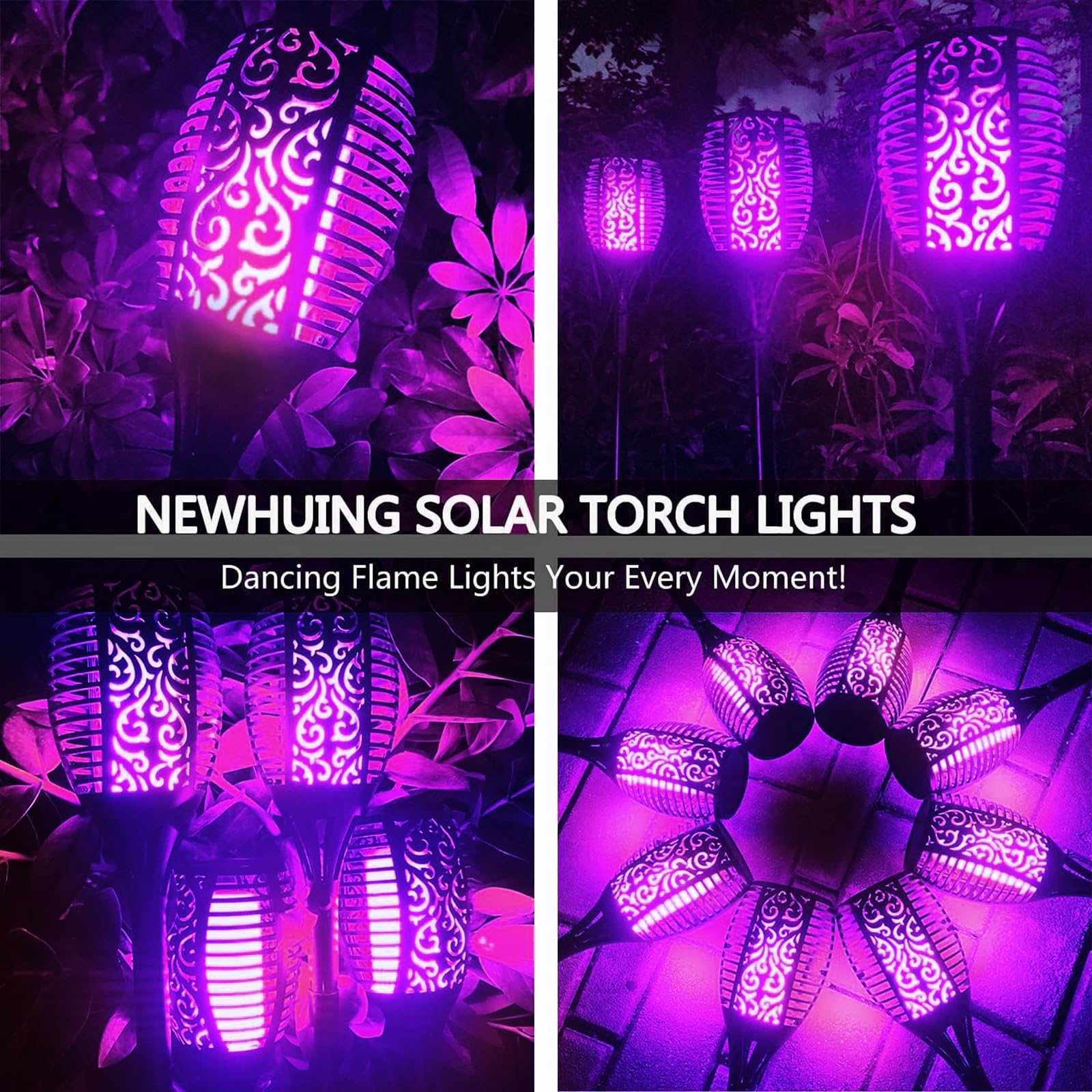 New Huing 4Pcs Halloween Purple Solar Torch Lights, 96 Led, Waterproof, 43In Dancing Flames