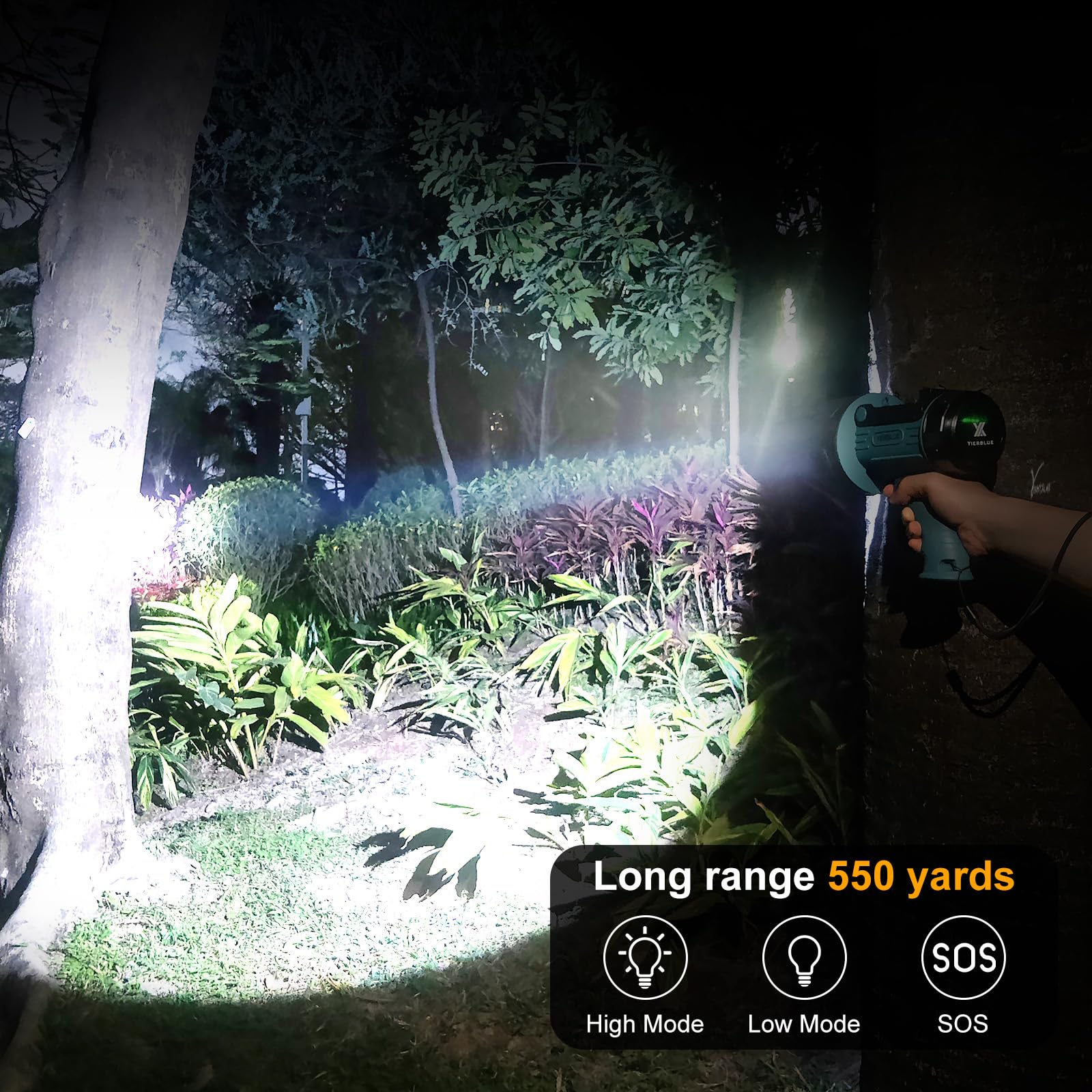 YIERBLUE 1500 Lumen Rechargeable Spotlight Flashlight, IP67 Waterproof, Impact Resistant, Handheld with Foldable Stand & Detachable Red Lens, Blue