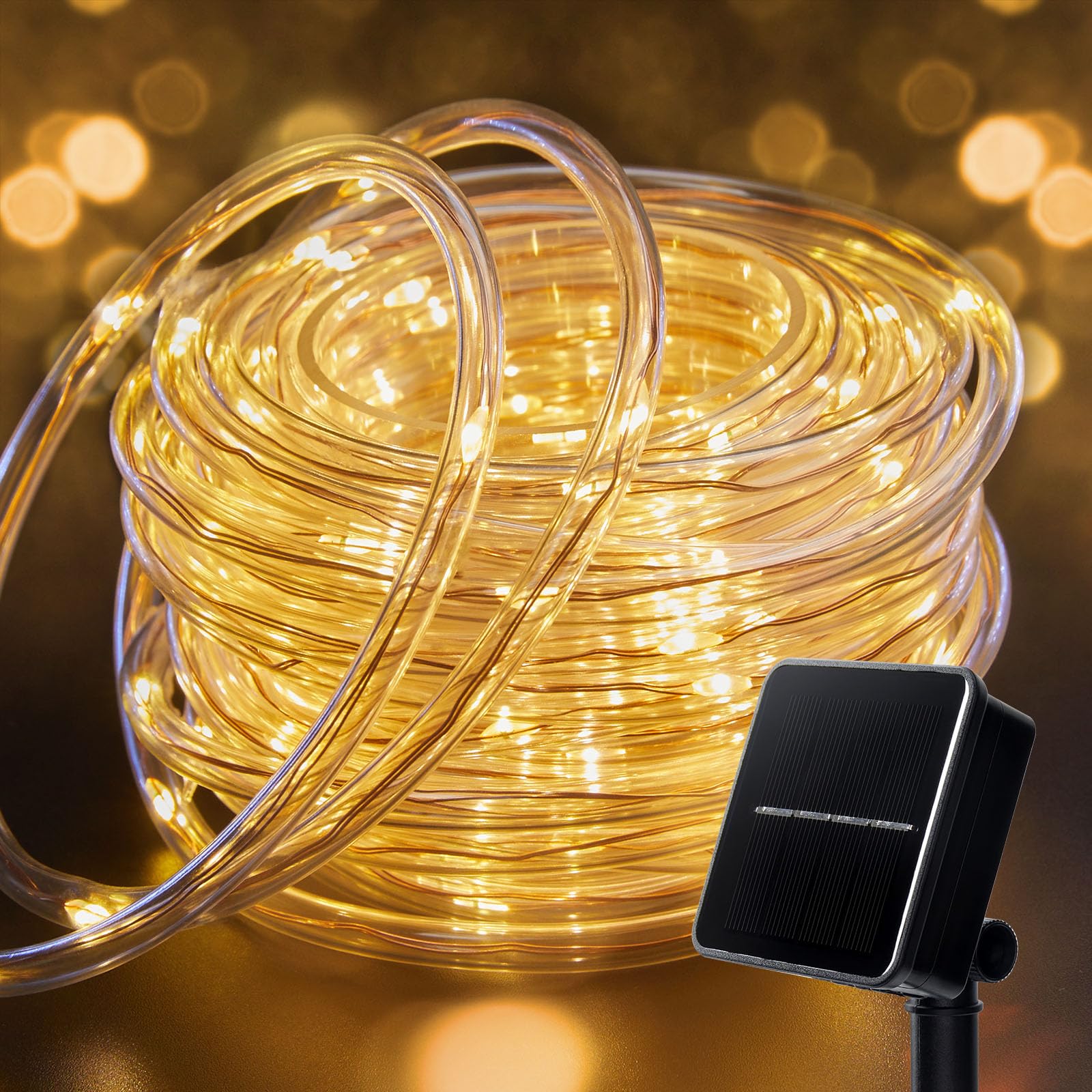 Brightown Solar Rope String Lights 72Ft 200 LED Waterproof Fairy Lights Warm White Copper Wire for Garden Wedding Party Decor