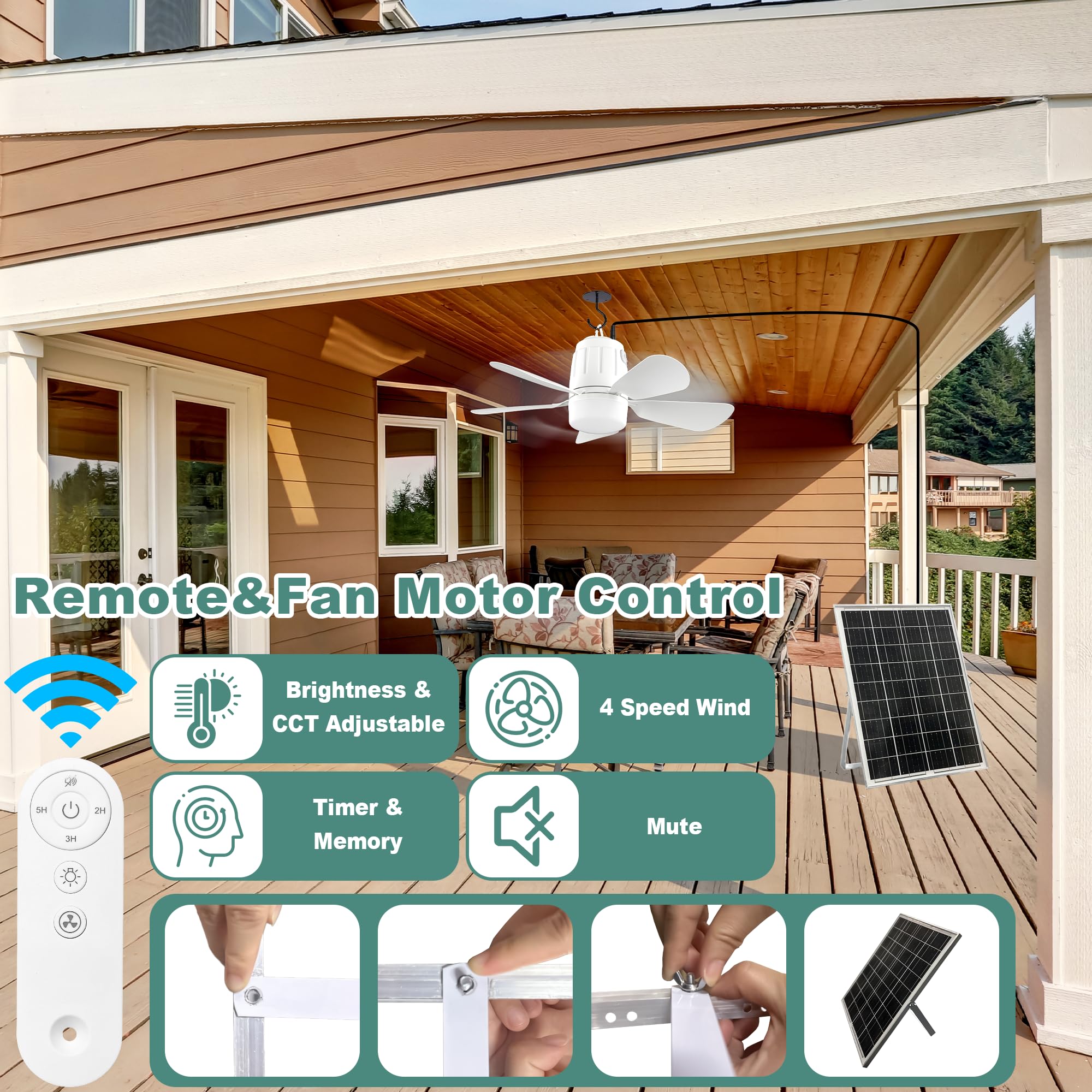 Gliztech Solar Ceiling Fan Light - 30W Remote Control Fan for Outdoor Use - 20'' White - Model SSDSFL006