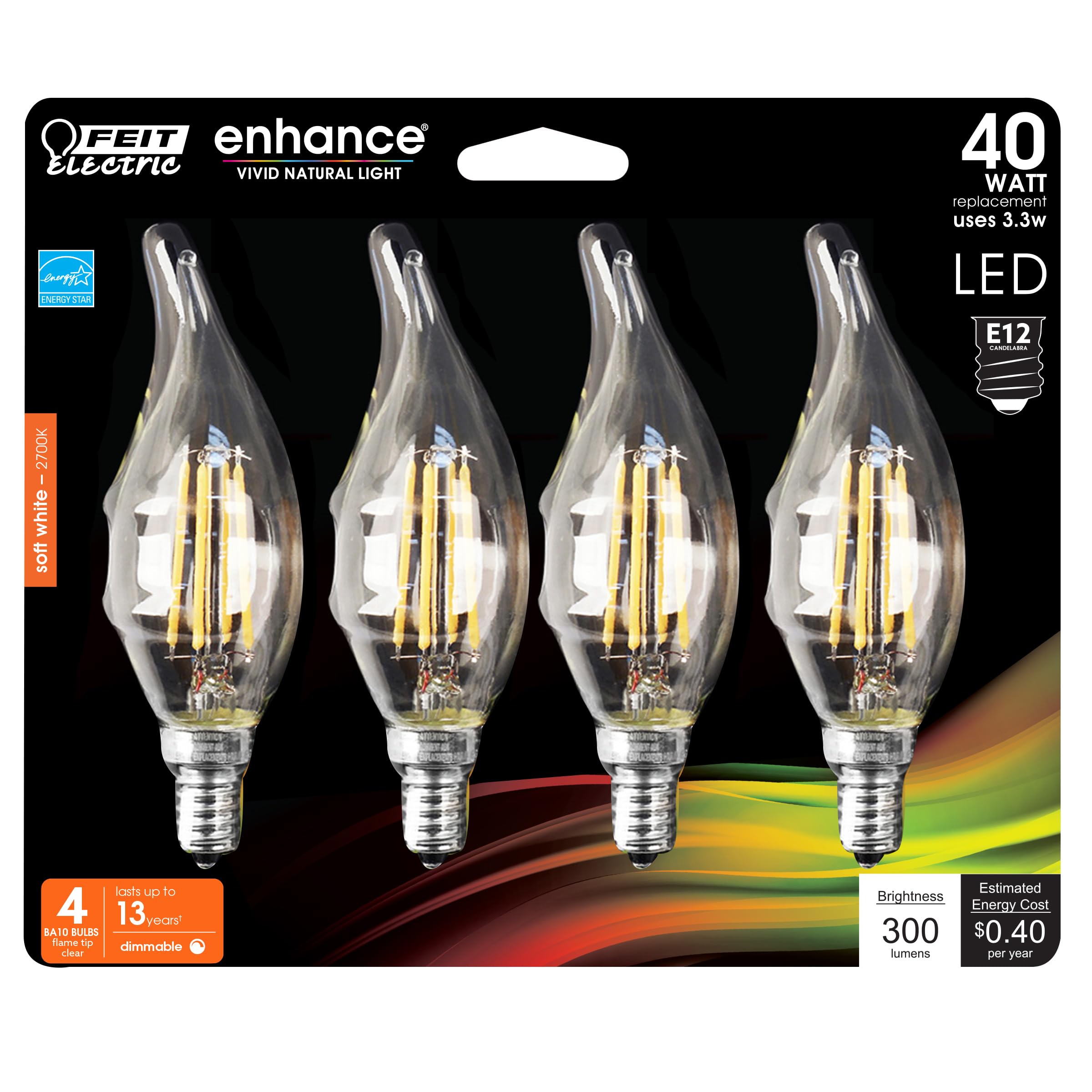 Feit Electric Candelabra LED Light Bulbs, Dimmable, 40W Equivalent, E12 Base, 2700K Soft White, Vintage B10 Filament Candle Ligh