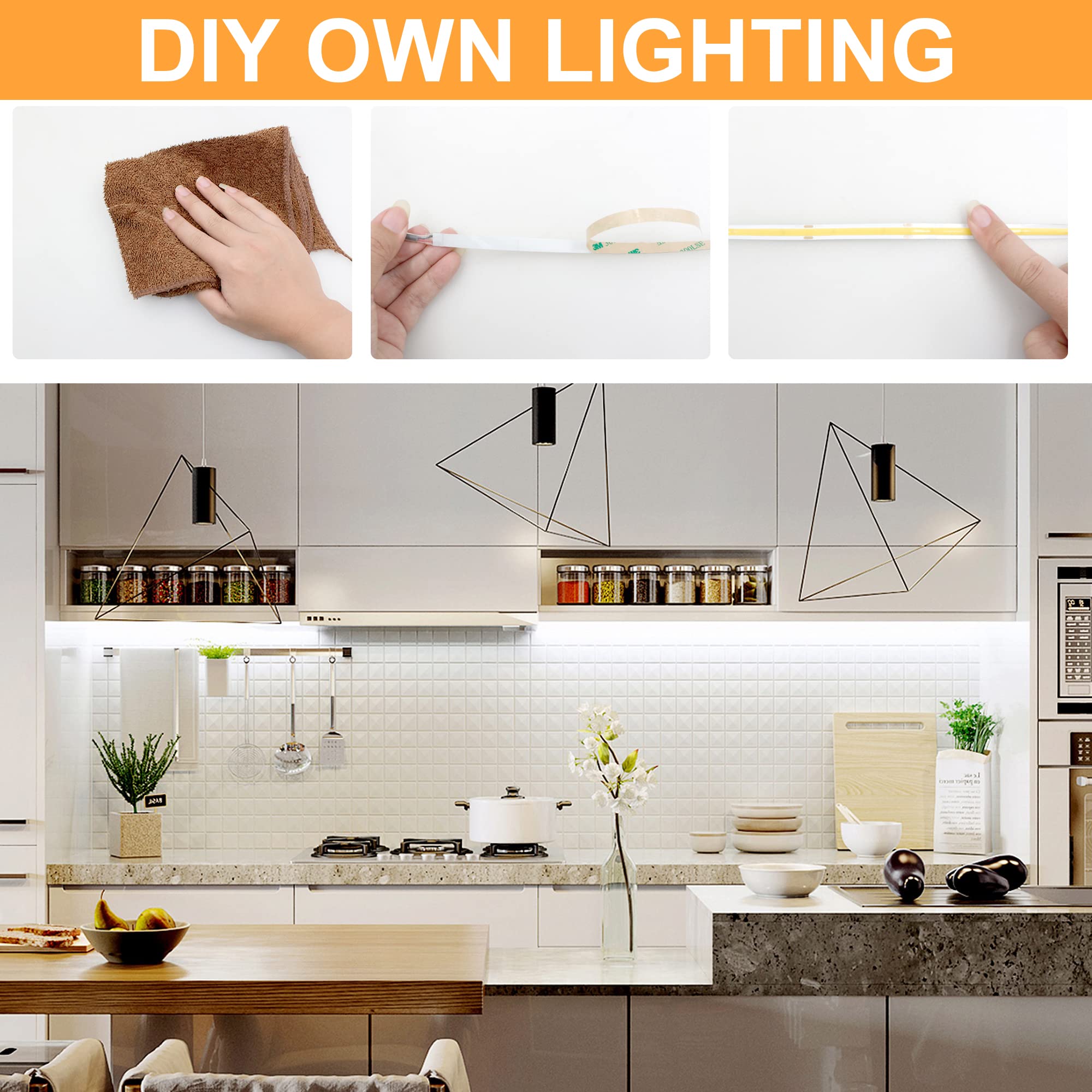 Axmotut White Cob Led Strip Light, Dimmable 16.4Ft/5M Led Light, 6000K Daylight White 2400 Leds High Lumen Led Tape Lights Cri 90+ With Rf Remote And Ul Power For Bedroom,Kitchen,Diy Home Decoration