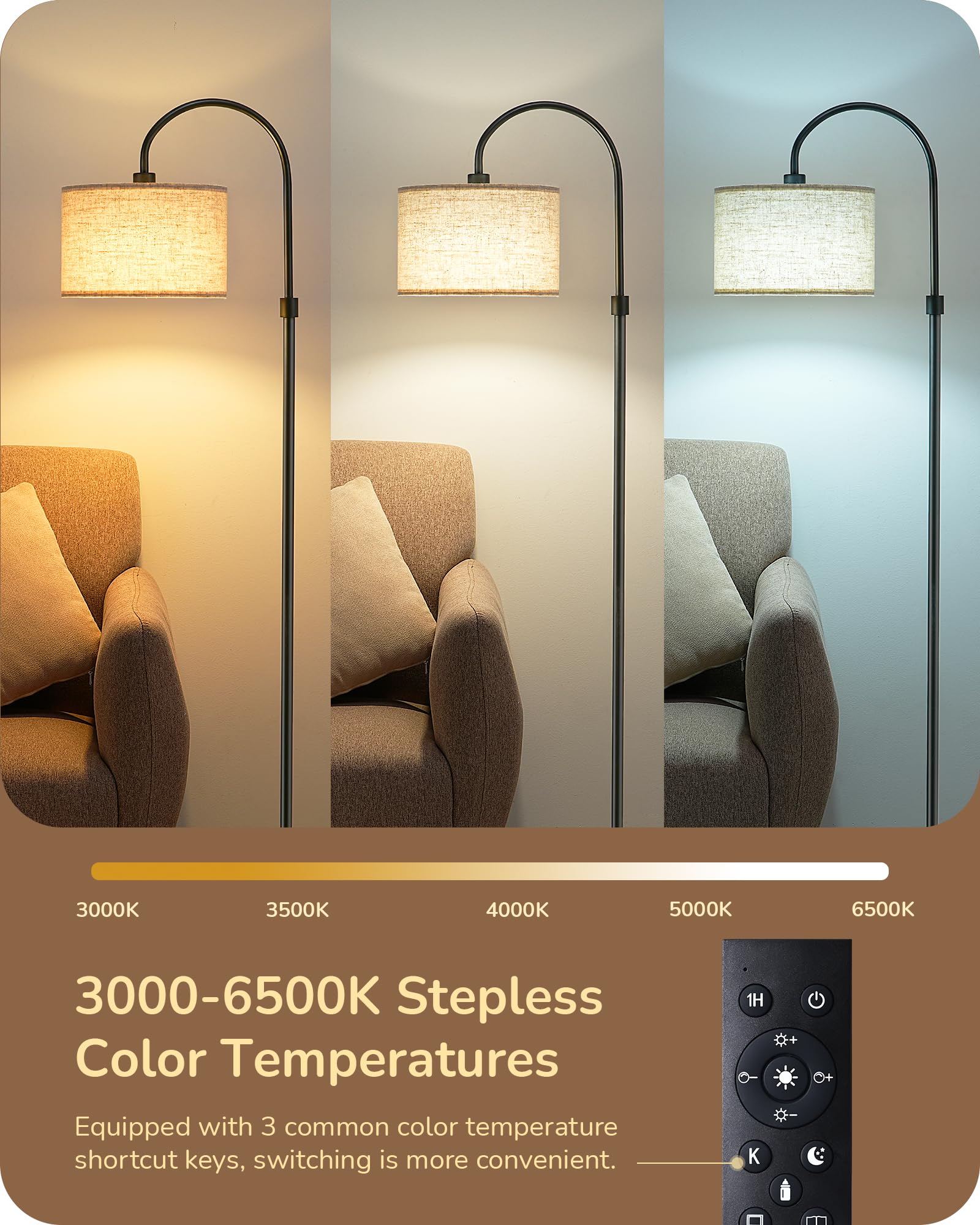 Edishine Dimmable Floor Lamp With Remote Control, Modern Arc Standing Lamp, 3000K-6500K Color Temperatures, Reading Light For Li